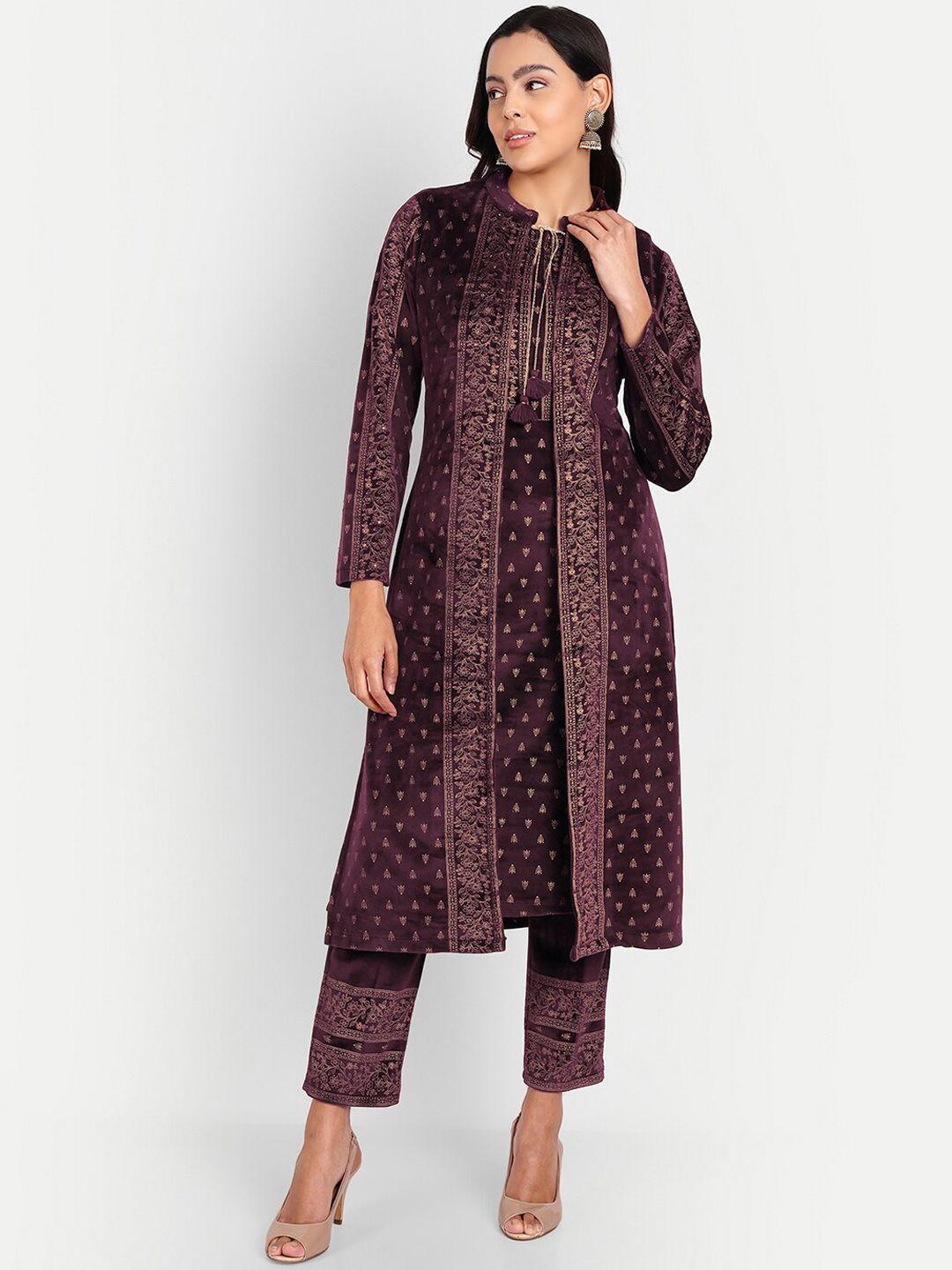 hk colours of fashion women ethnic motifs printed velvet kurta with trousers