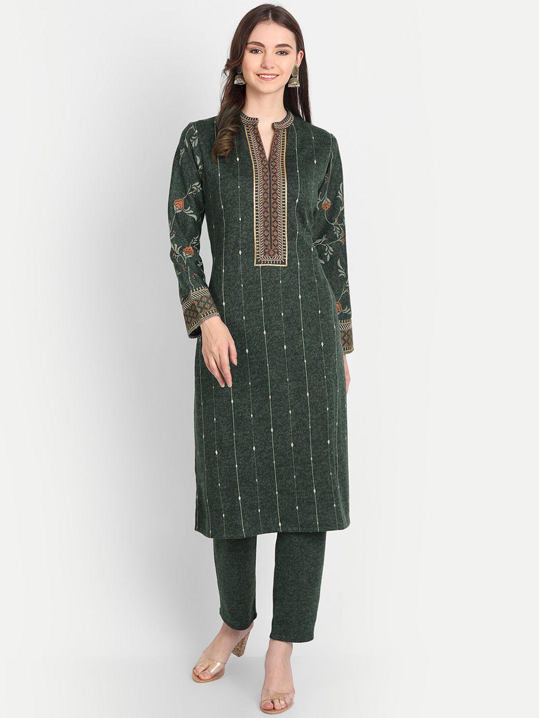 hk colours of fashion women green & beige floral embroidered kurta with trouser set