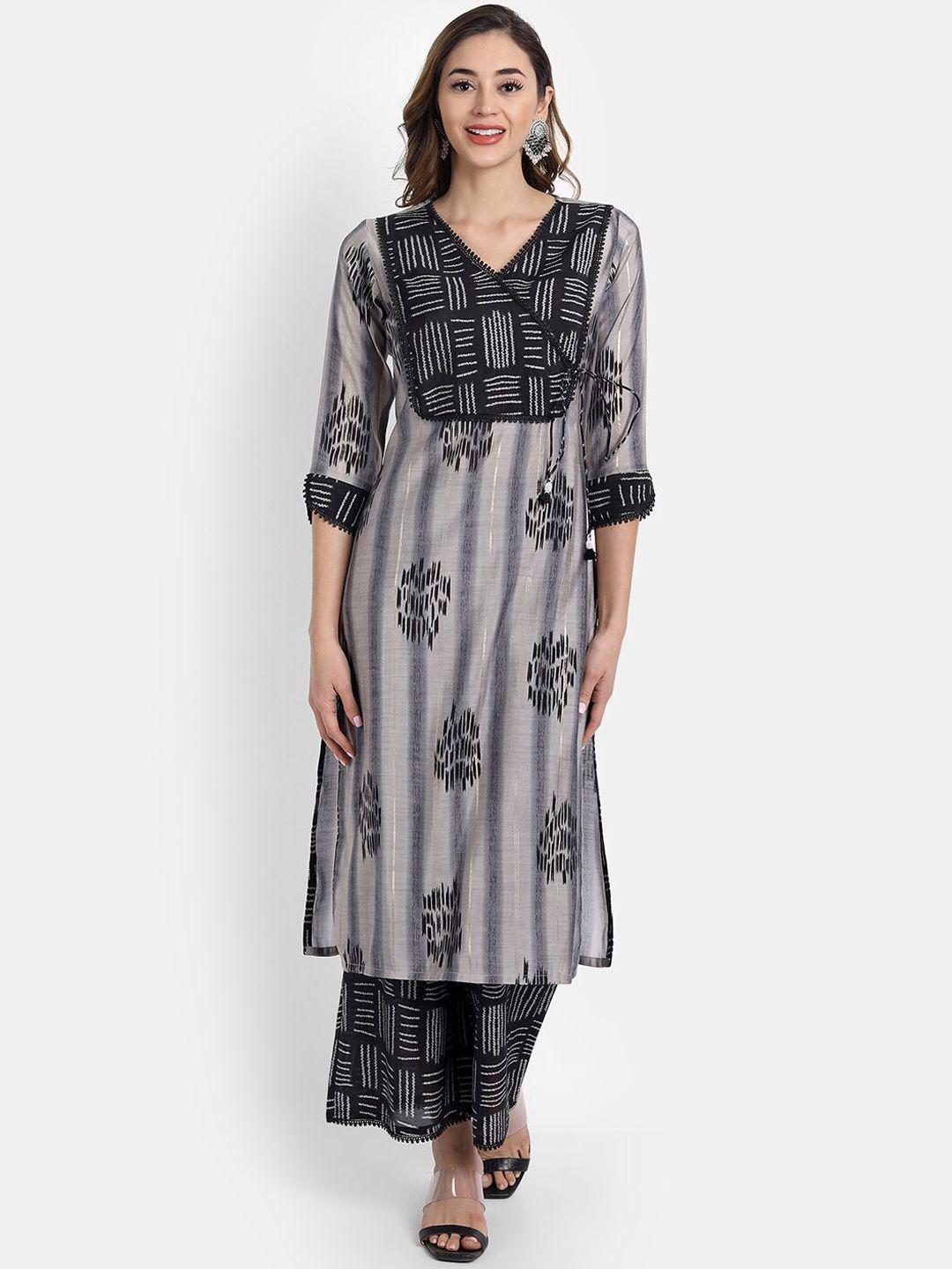 hk colours of fashion women grey & black printed angrakha kurta with palazzos