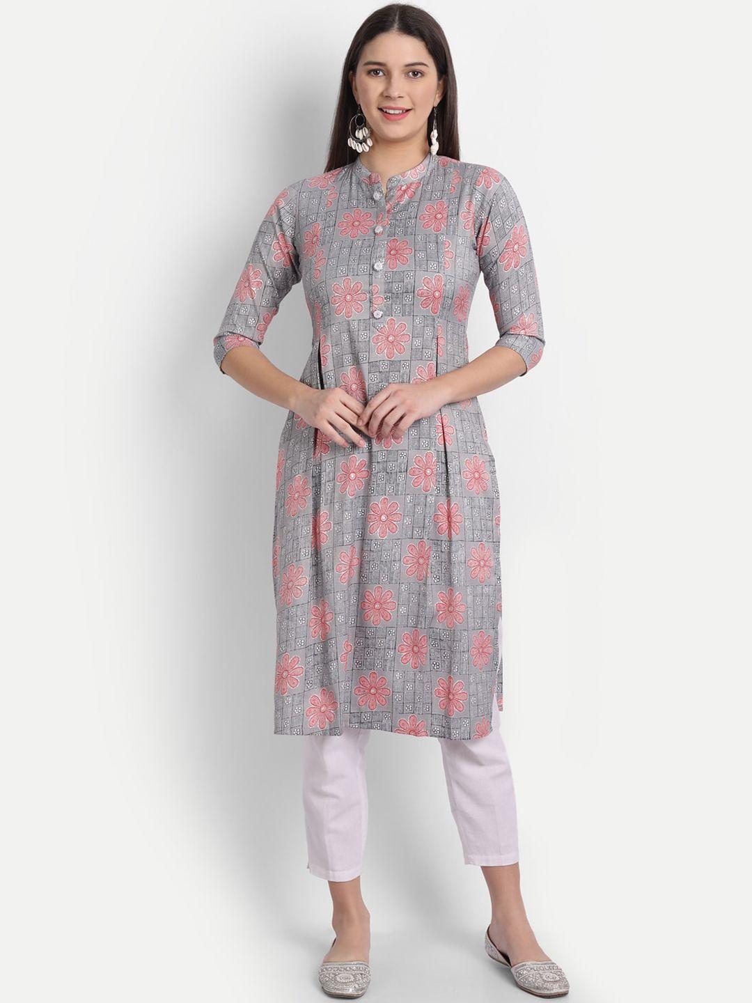 hk colours of fashion women grey geometric printed straight kurta