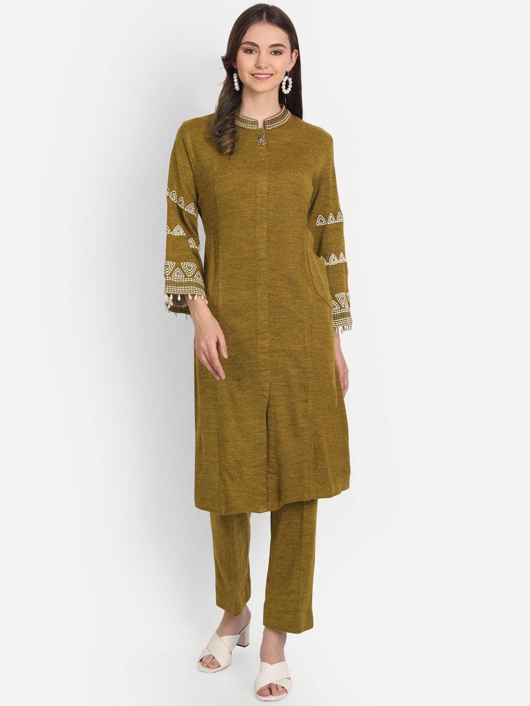hk colours of fashion women lime green & beige panelled thread work kurta with trouser set