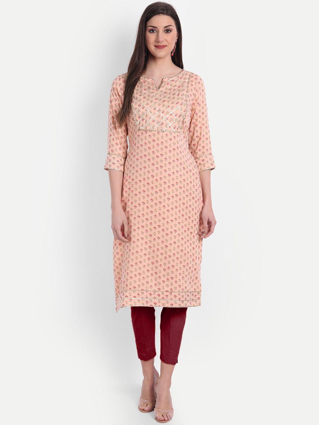 hk colours of fashion women peach-coloured ethnic motifs printed straight kurta