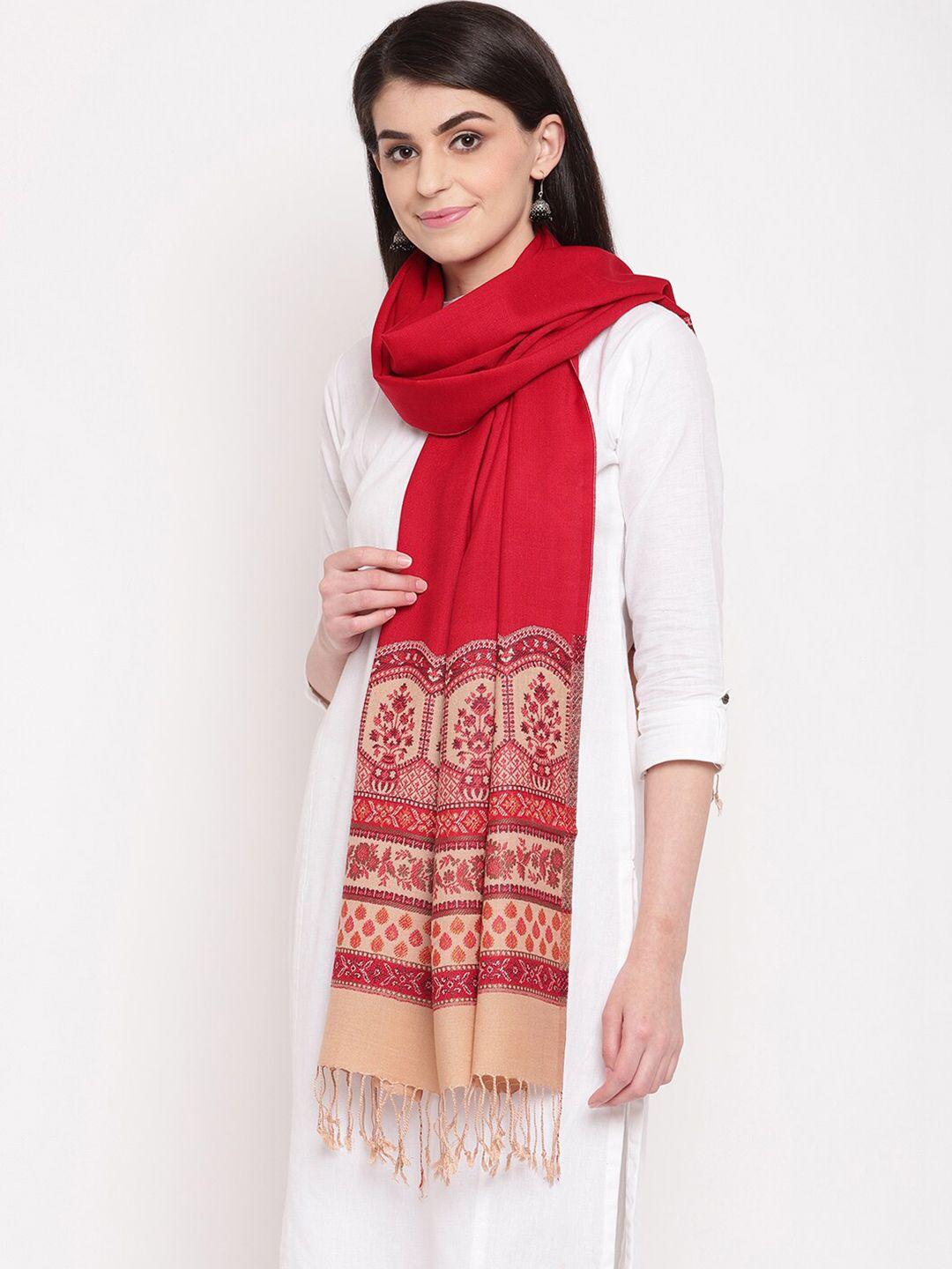 hk colours of fashion women red & beige woven design woollen  stole