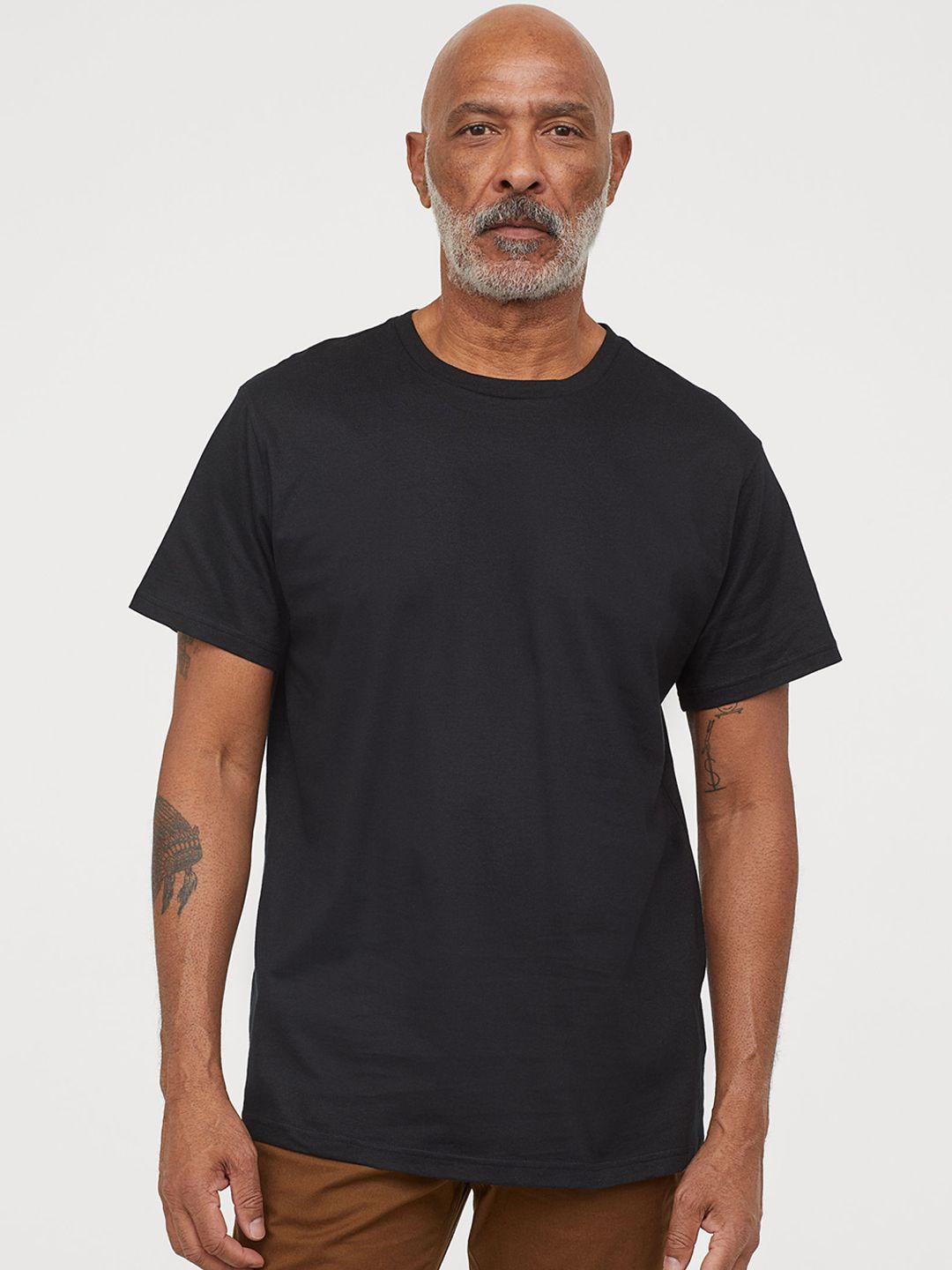 hm men black solid cotton pure cotton t-shirt regular fit