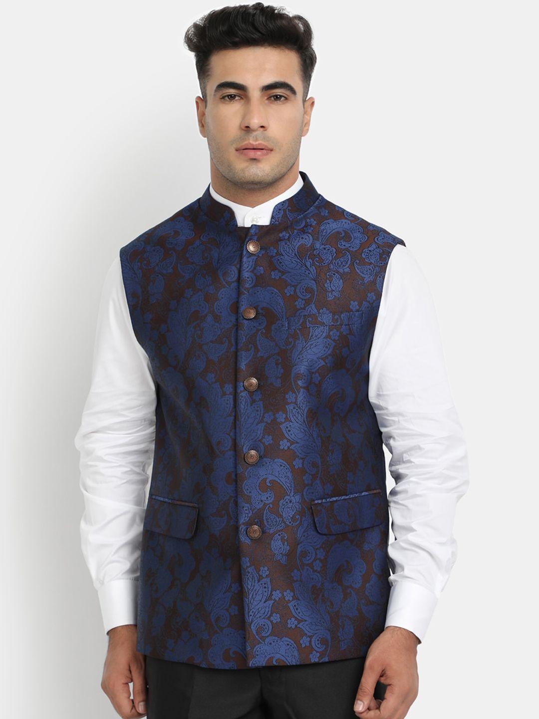 hob men navy blue & brown woven-design nehru jacket