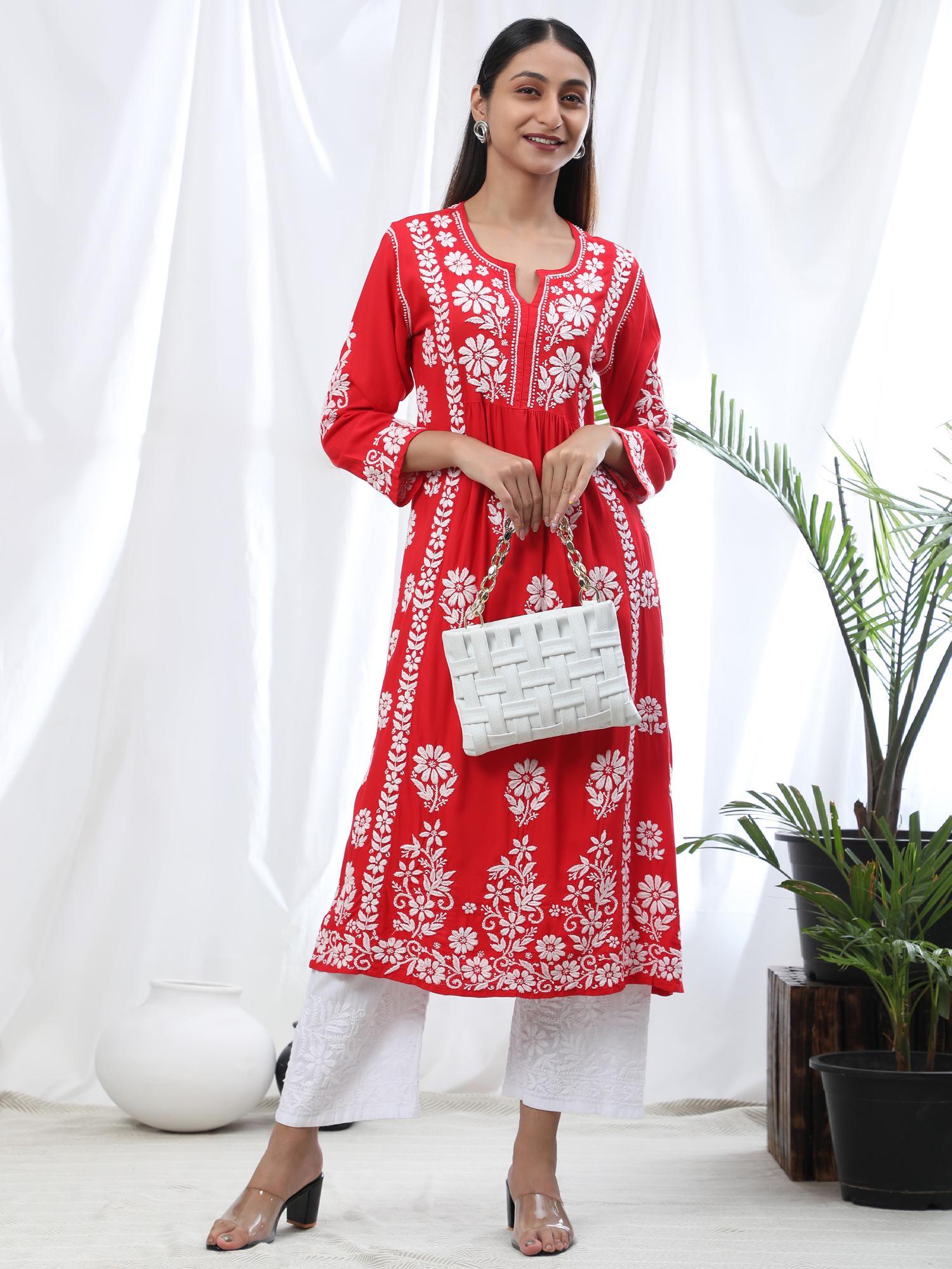 hok chikankari fancy long kurta red white