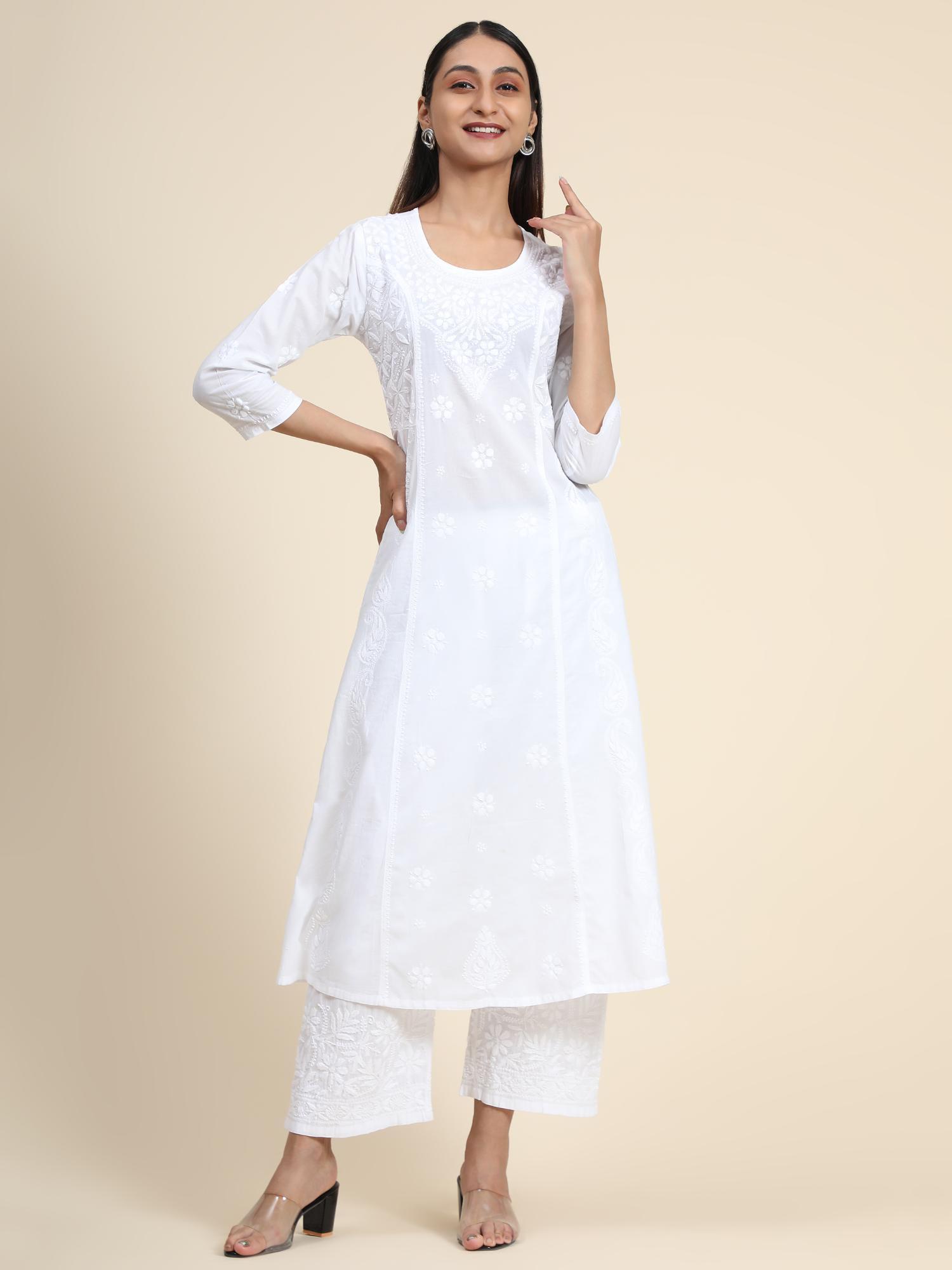 hok chikankari for women long kurta white