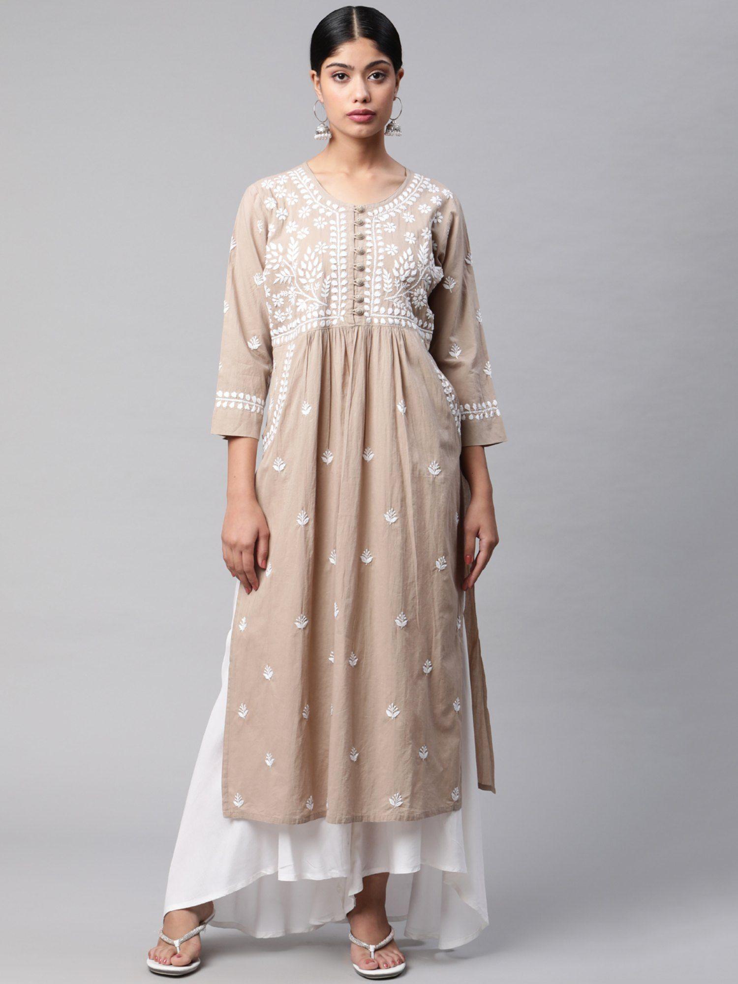 hok chikankari long kurta beige white