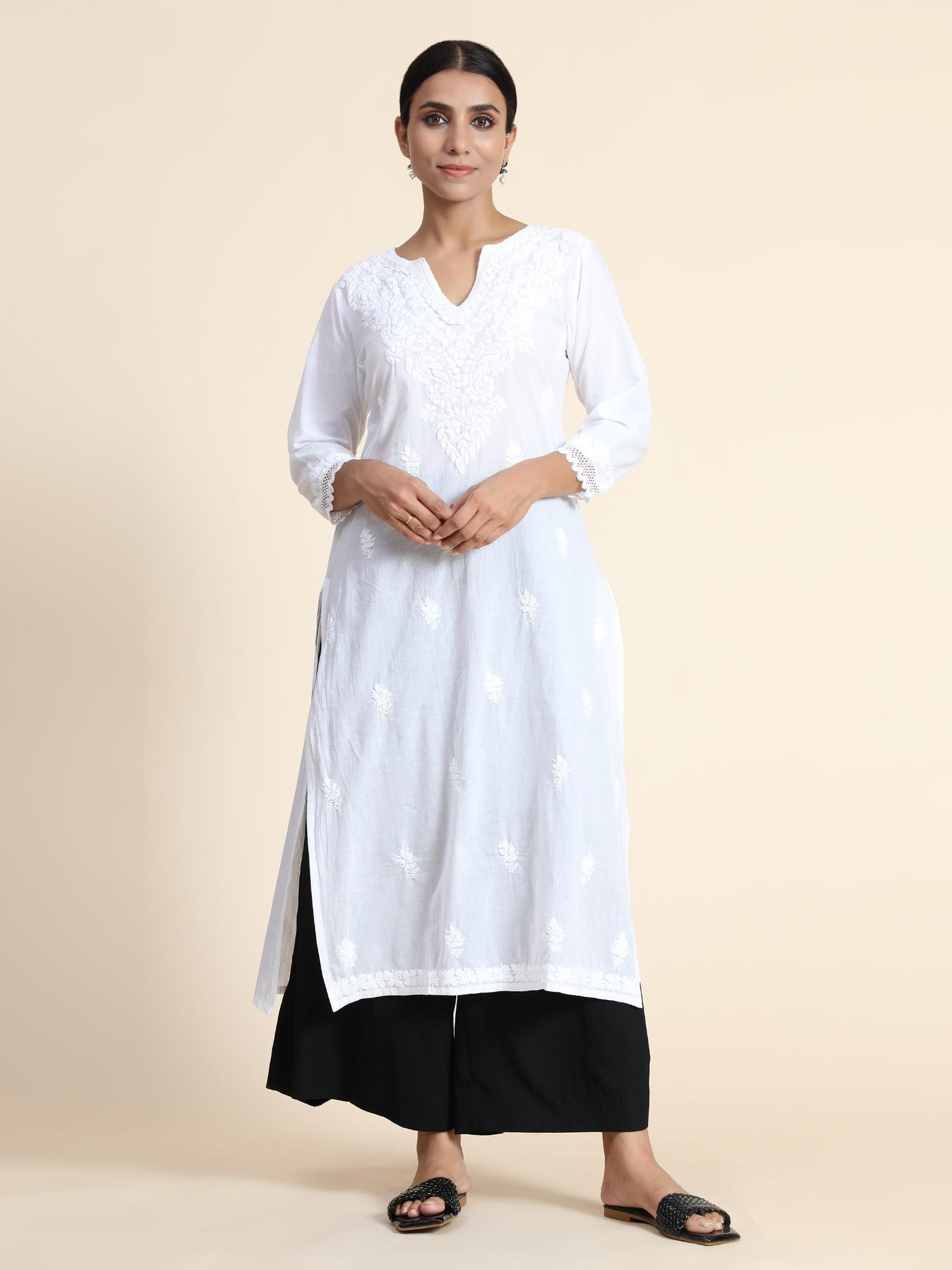 hok chikankari long kurta for women white