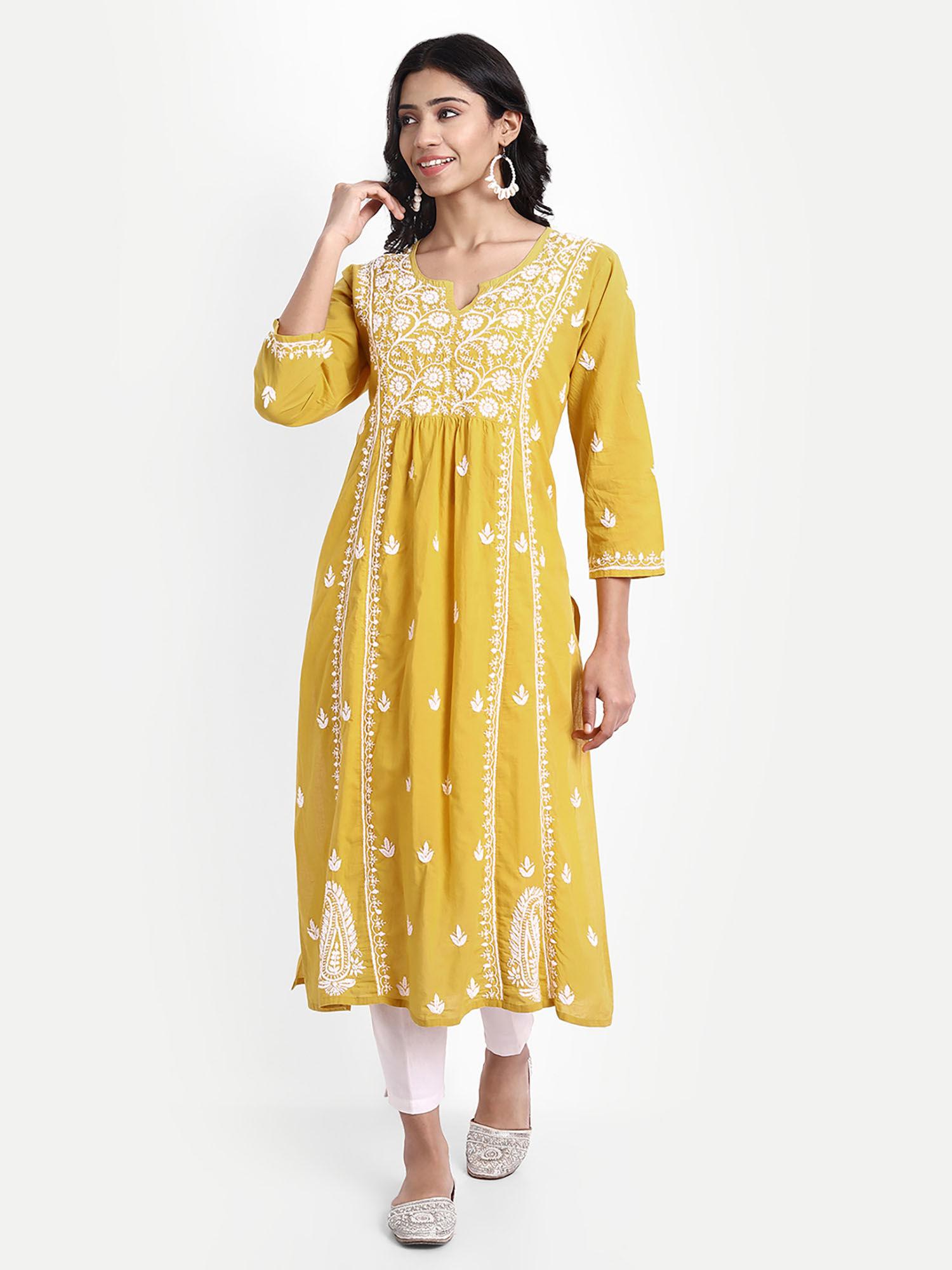 hok chikankari long kurta mustard & white