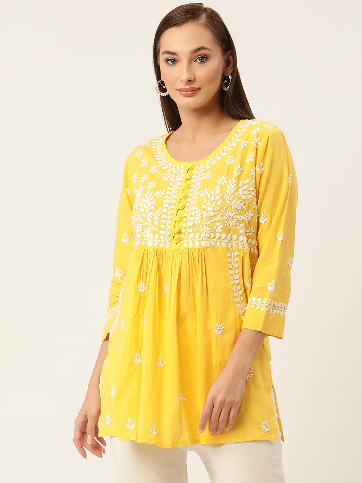 hok chikankari long kurta tunic yellow