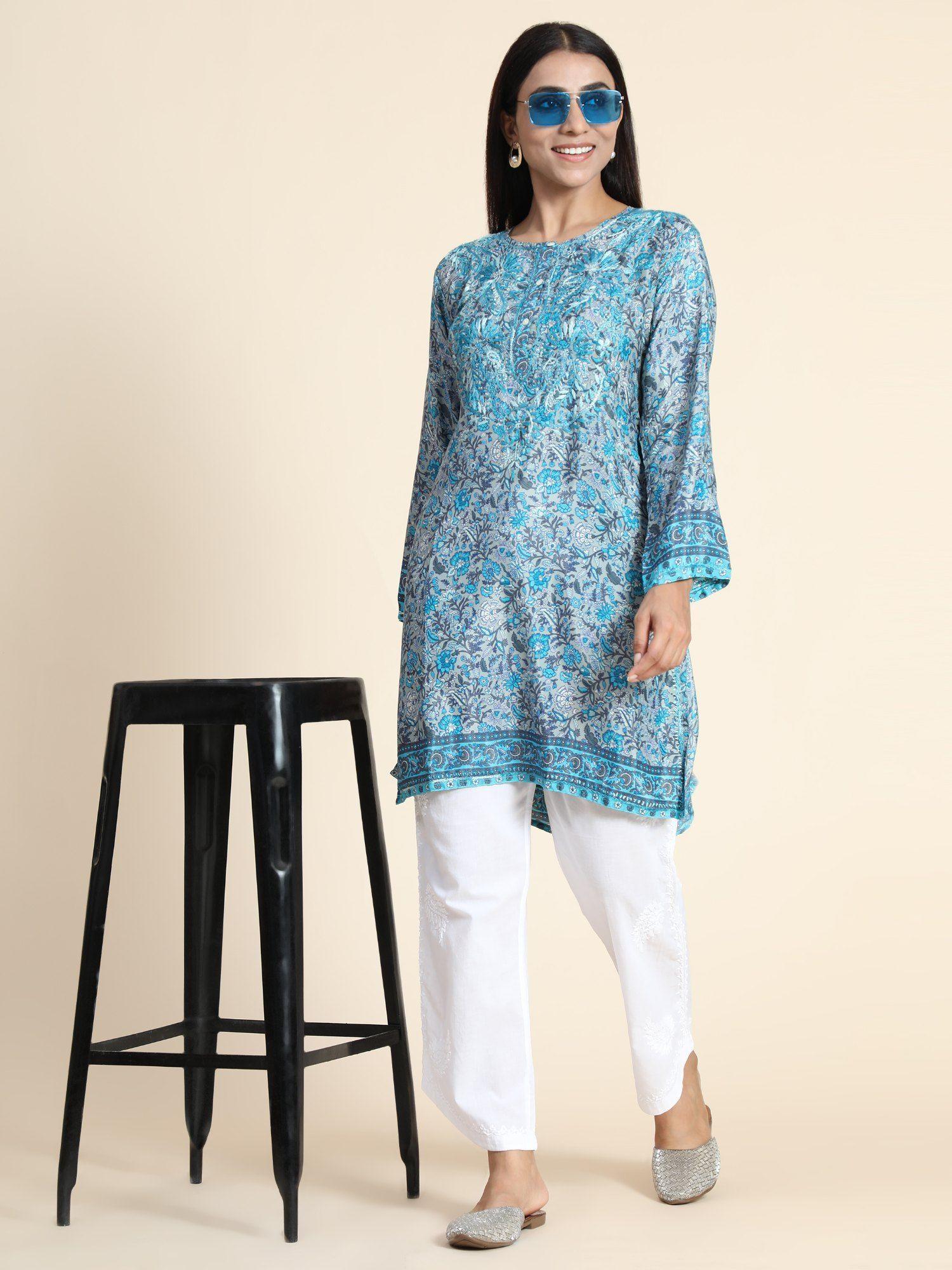 hok chikankari long tunic for women blue