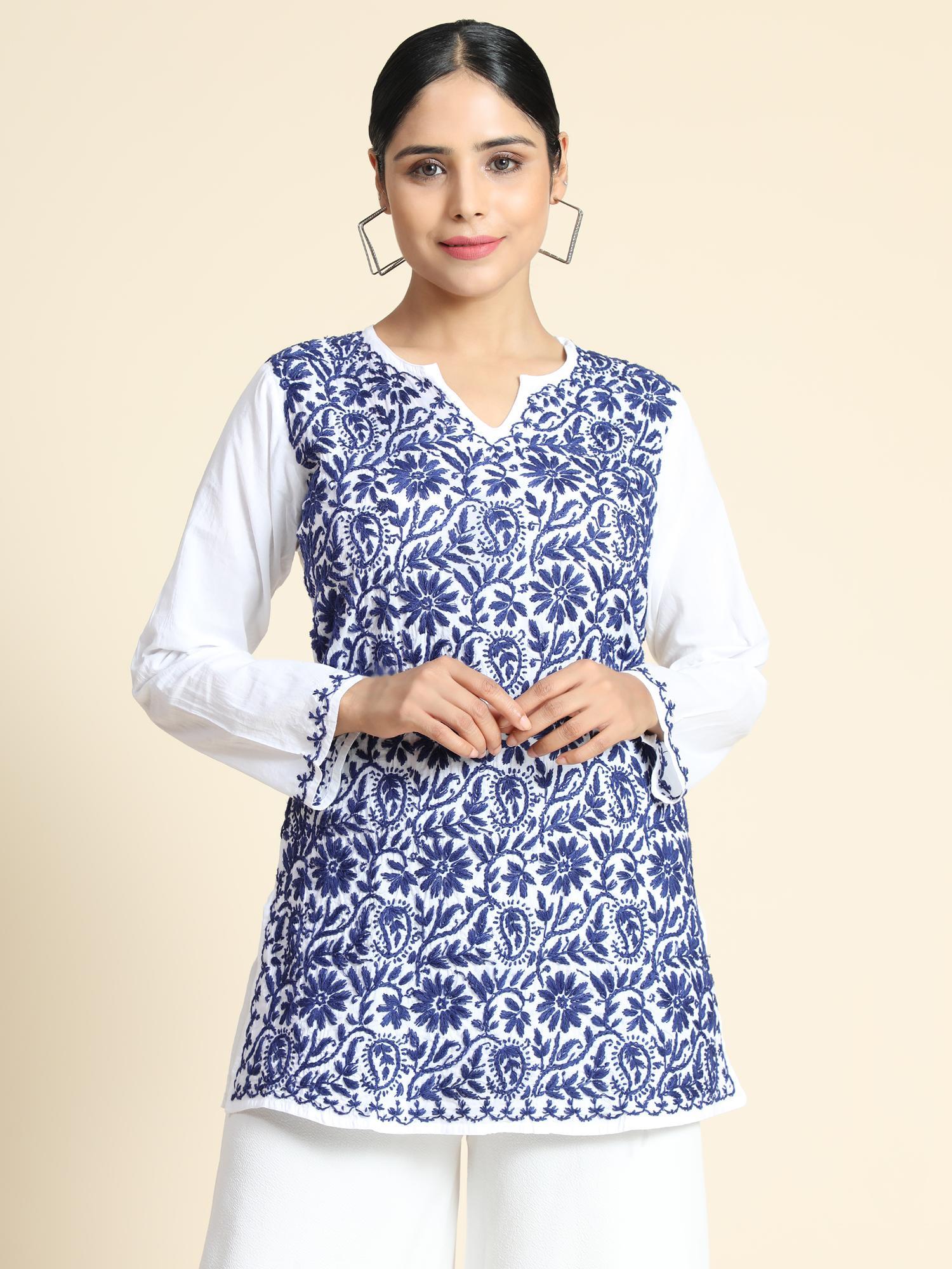 hok chikankari short tunics white blue