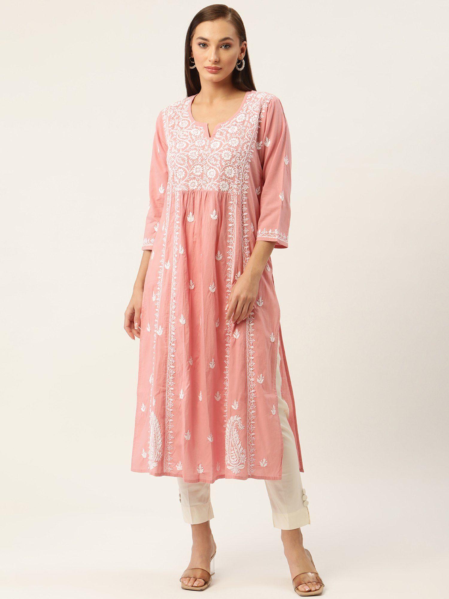 hok chikankari stylish long kurta pink