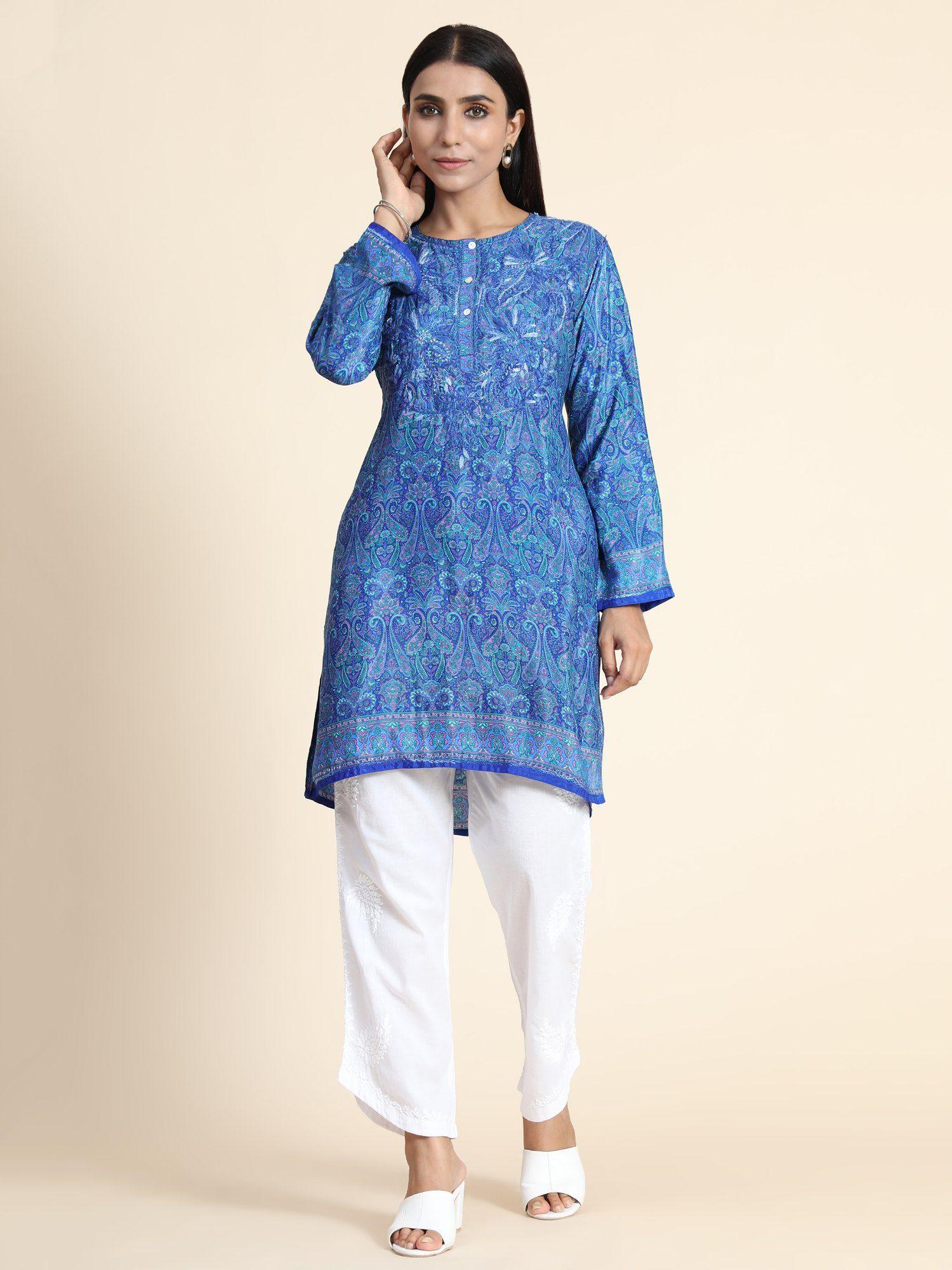 hok chikankari tunic blue with blue work