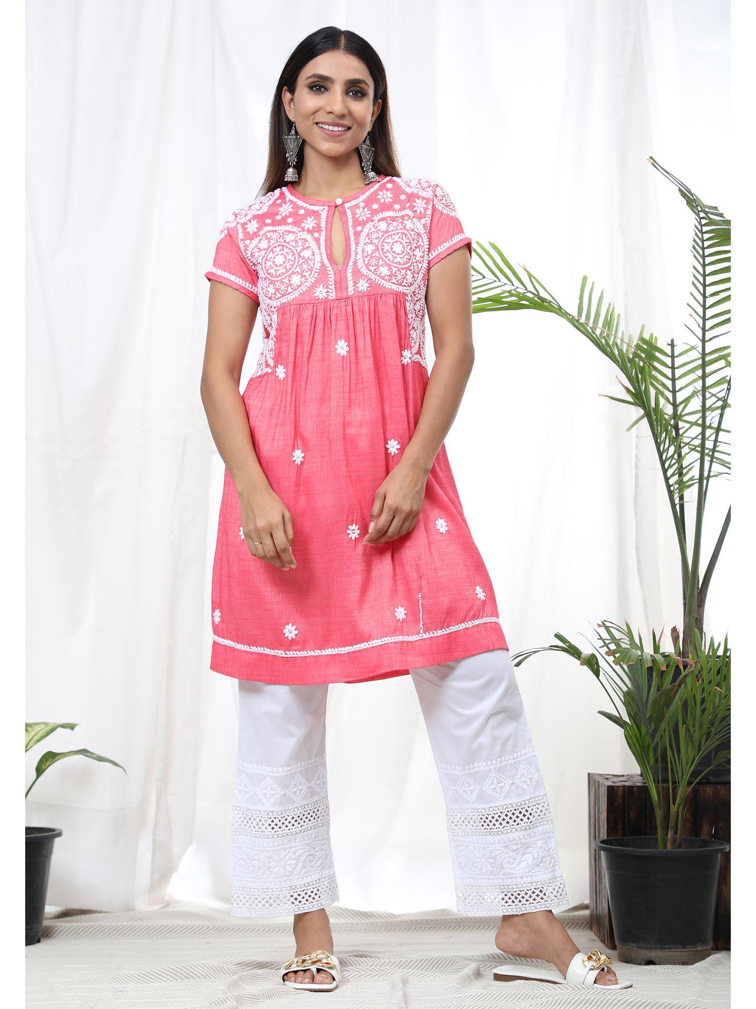 hok chikankari tunic for women - pink