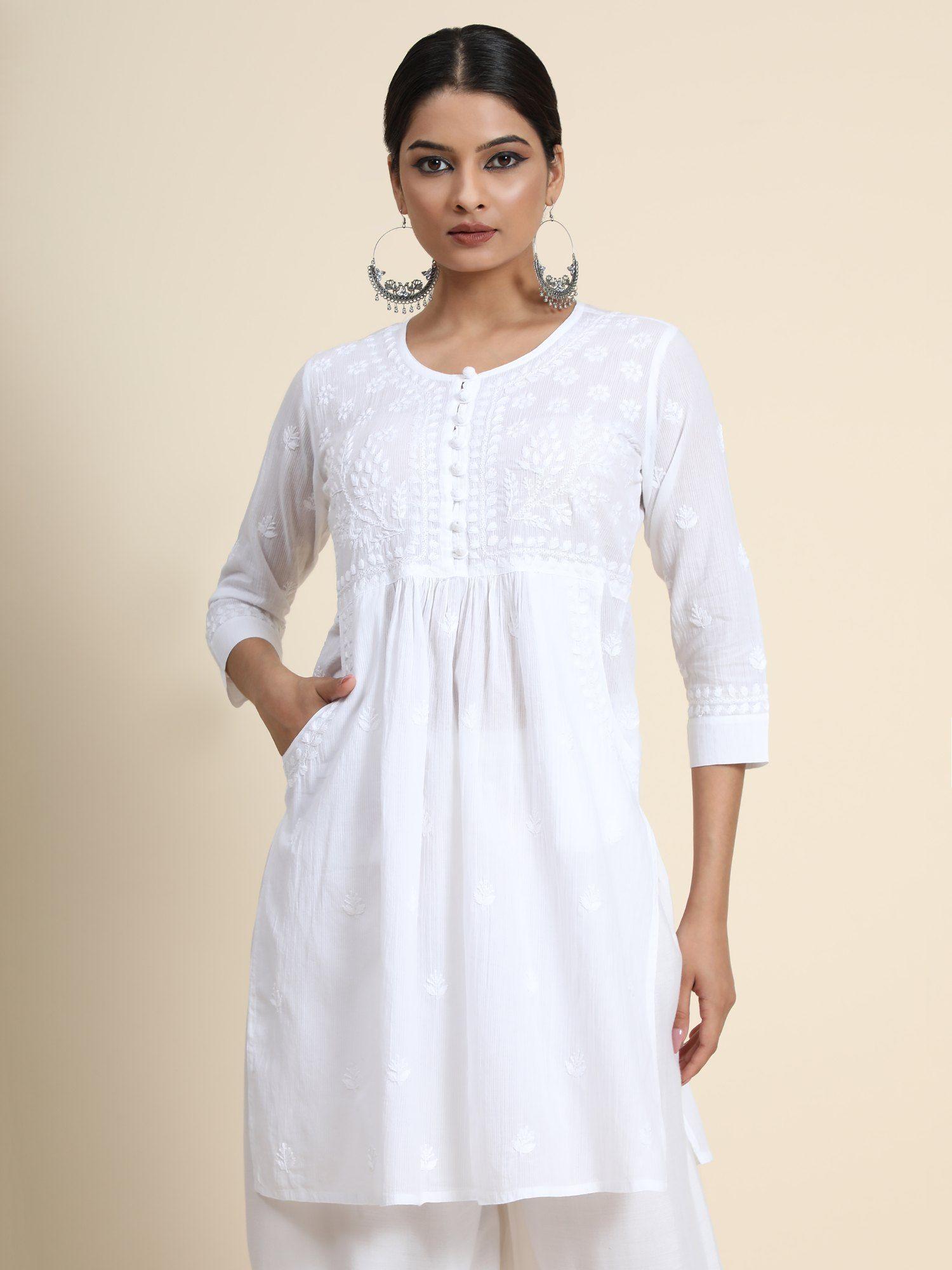 hok chikankari tunic for women - white