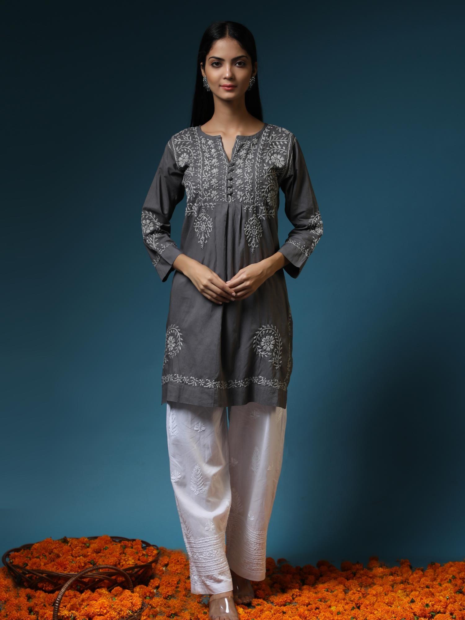 hok chikankari tunic for women -grey