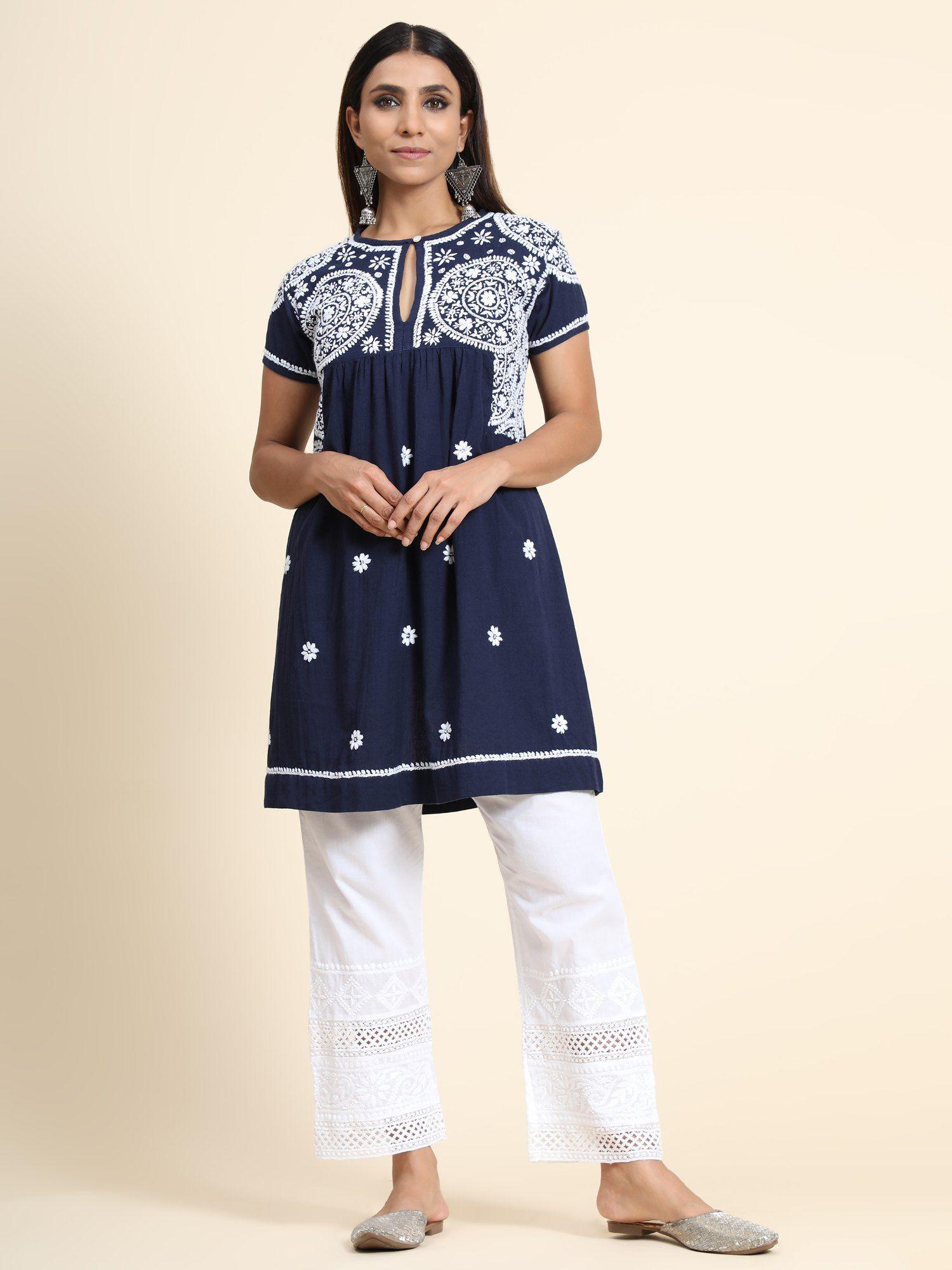 hok chikankari tunic for women navy blue