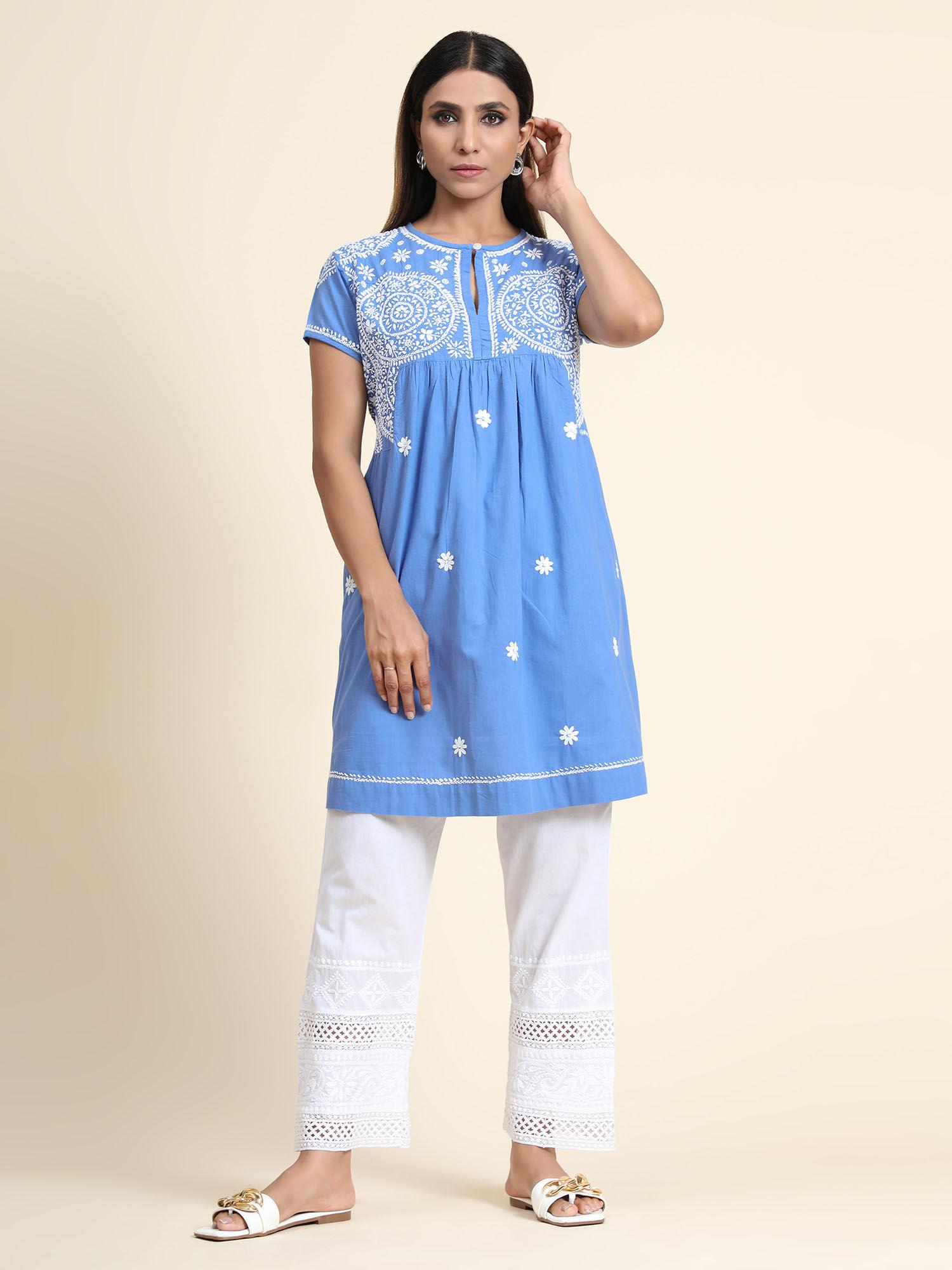 hok chikankari tunic women light blue