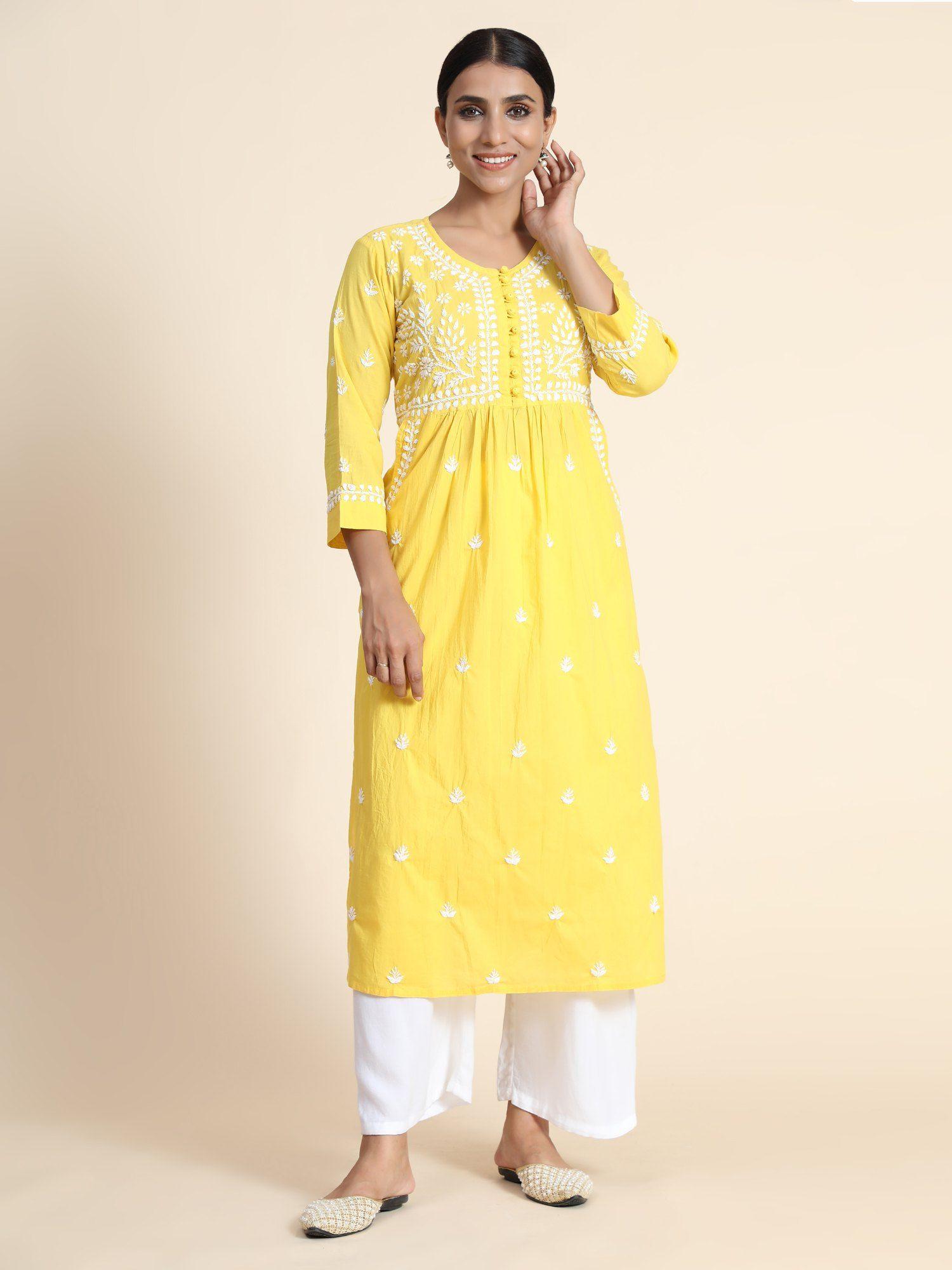 hok chikankari women kurta yellow white