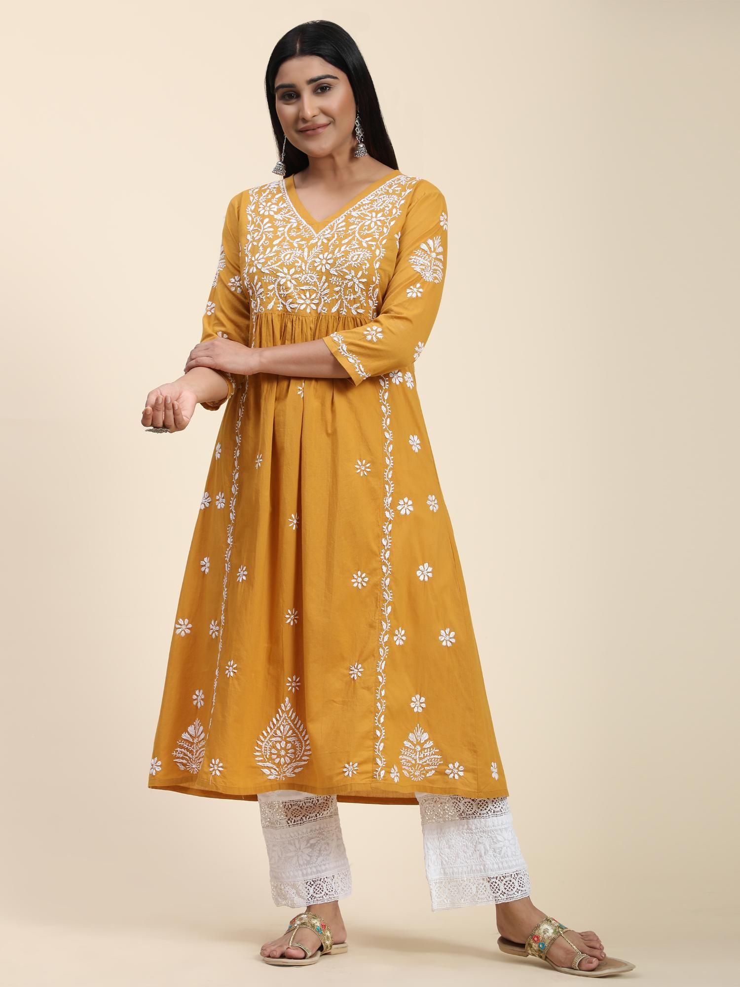 hok chikankari women long kurta mustard