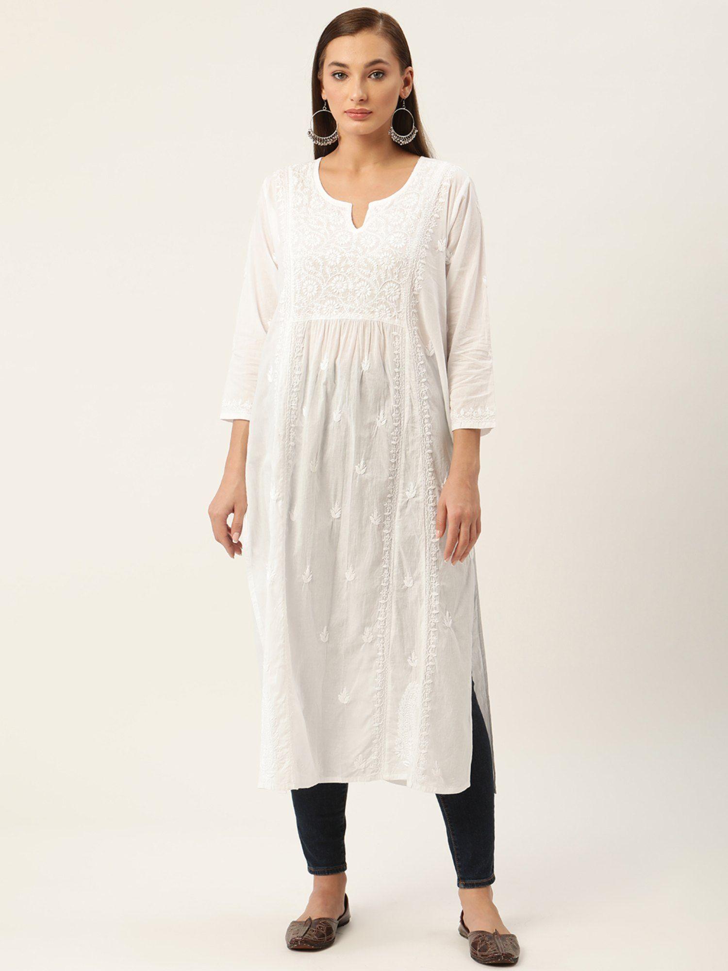 hok chikankari women long kurta white