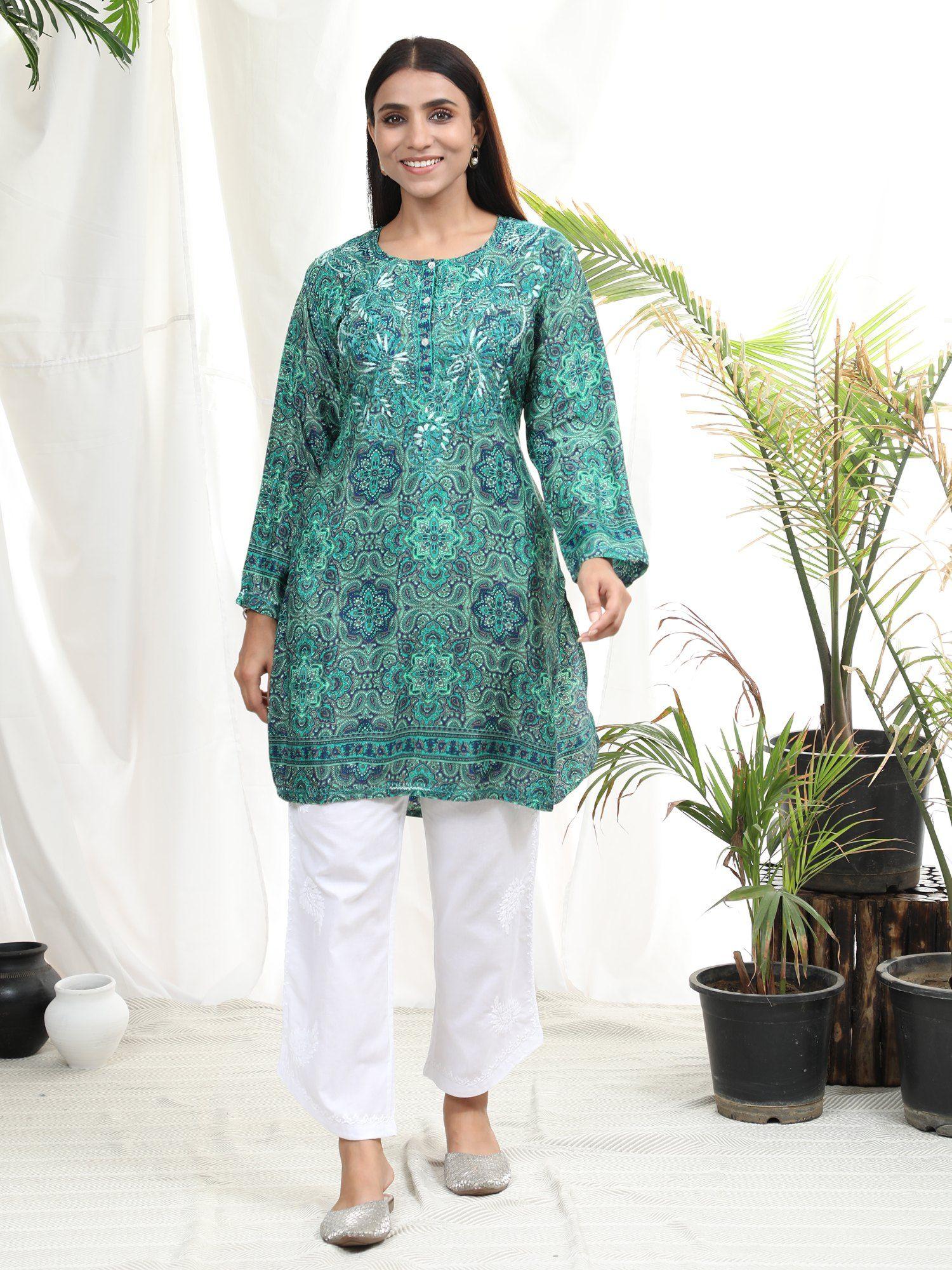 hok chikankari women long tunics green