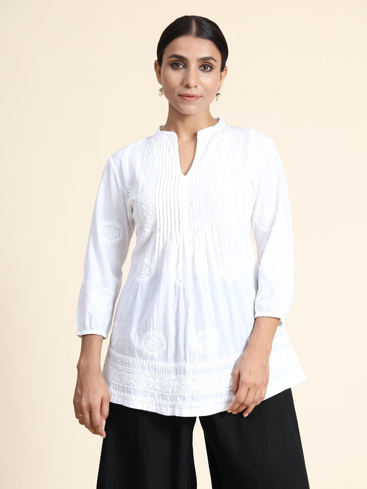 hok chikankari women tunic white