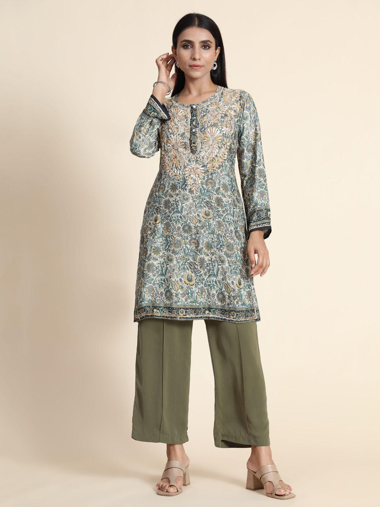 hok chikankari women tunics green & golden