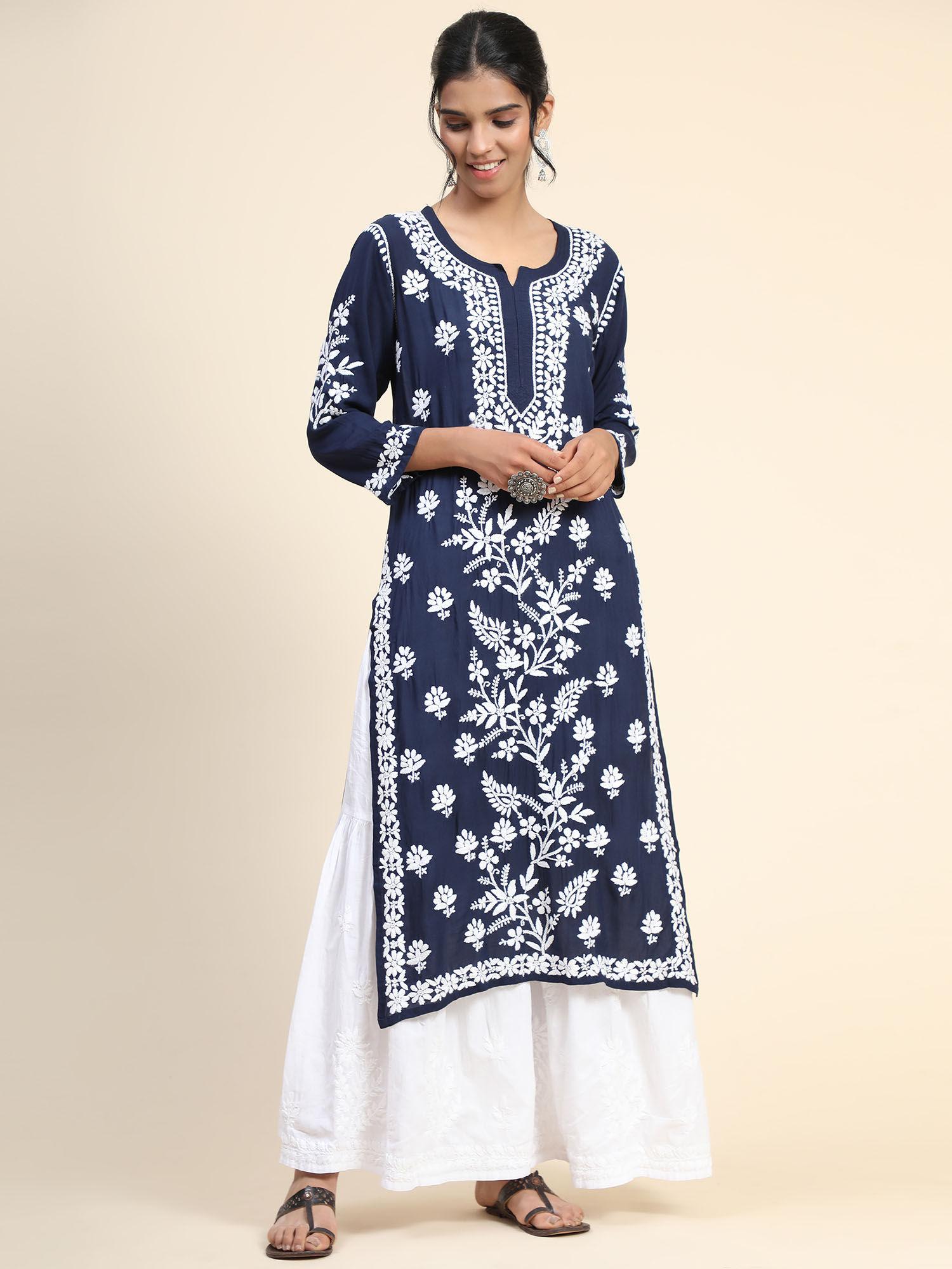 hok hand embroidery chikankari long kurta for women - blue