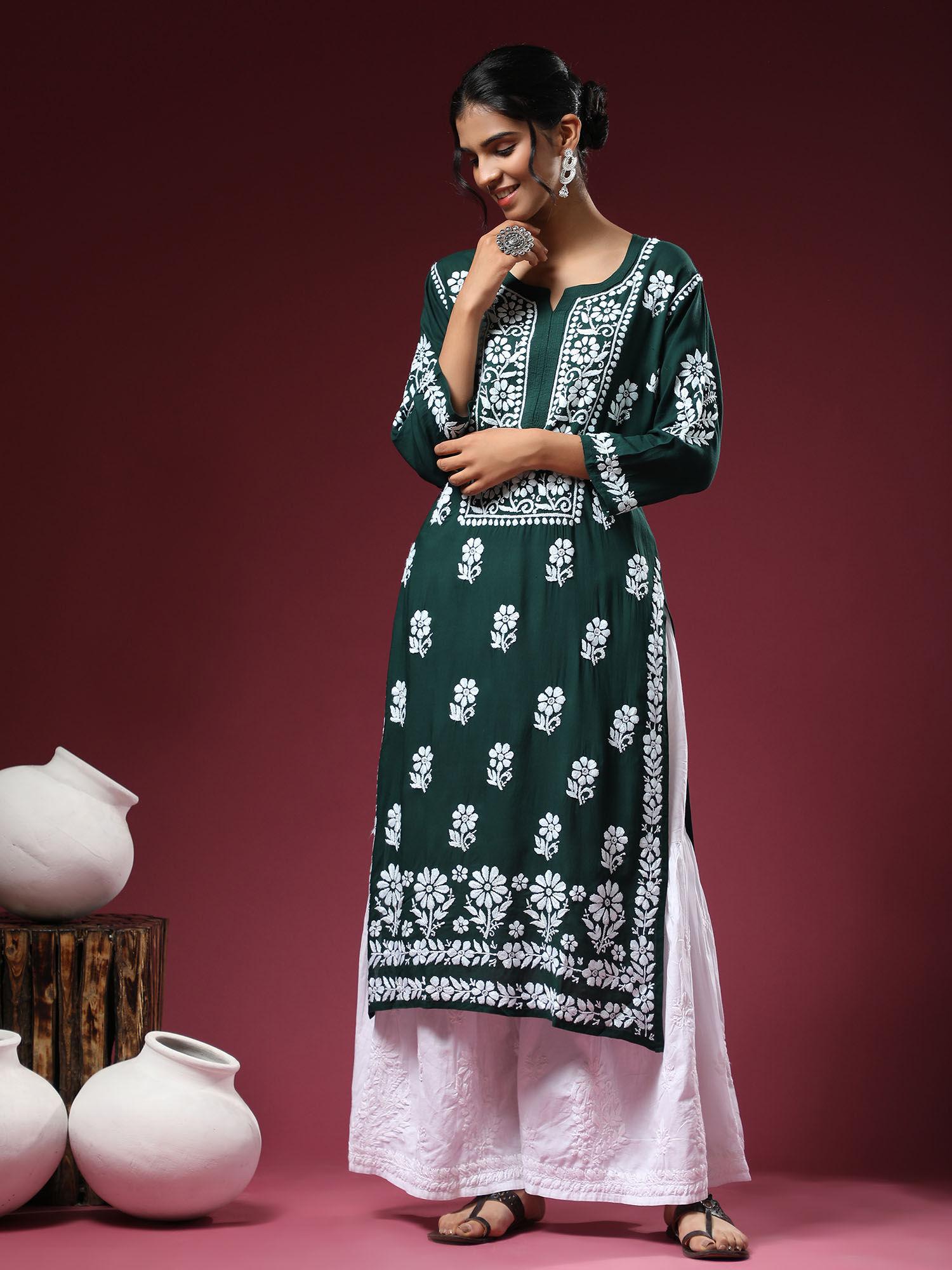 hok hand embroidery chikankari long kurta for women -green