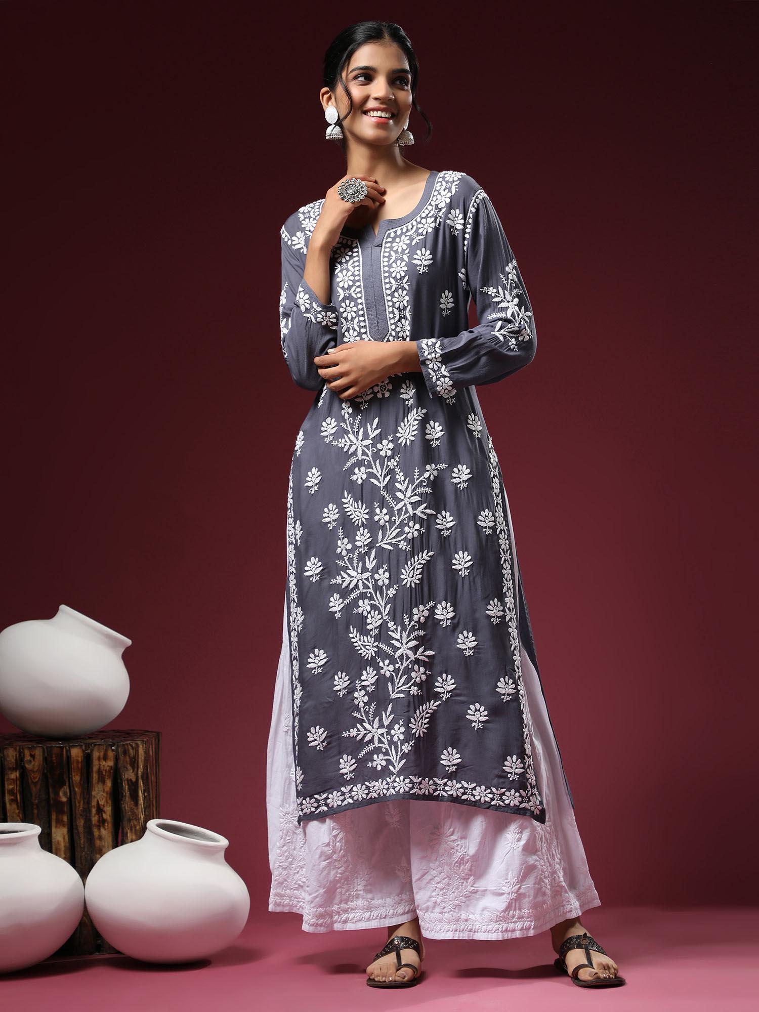 hok hand embroidery chikankari long kurta for women -grey