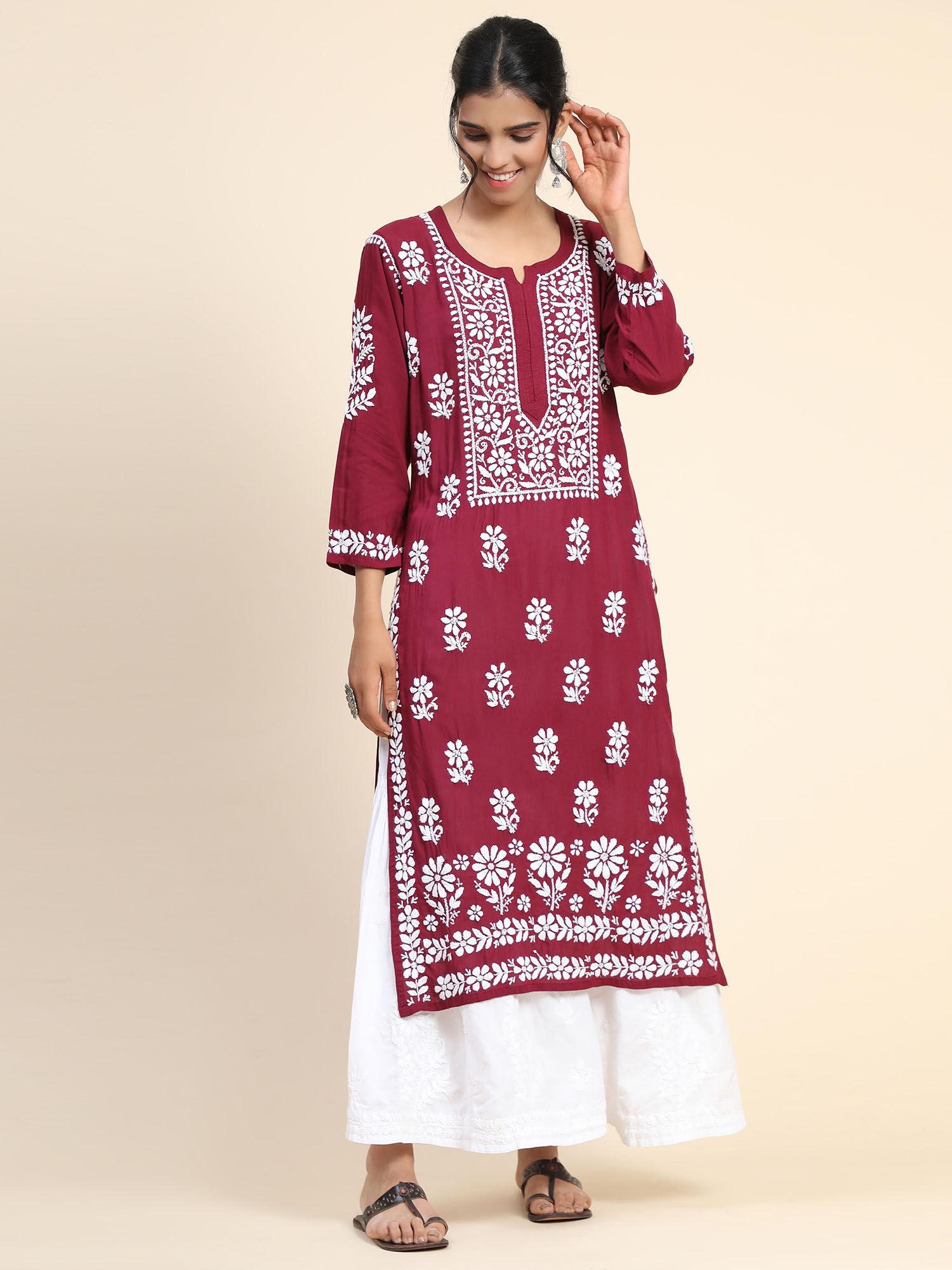 hok hand embroidery chikankari long kurta for women -maroon