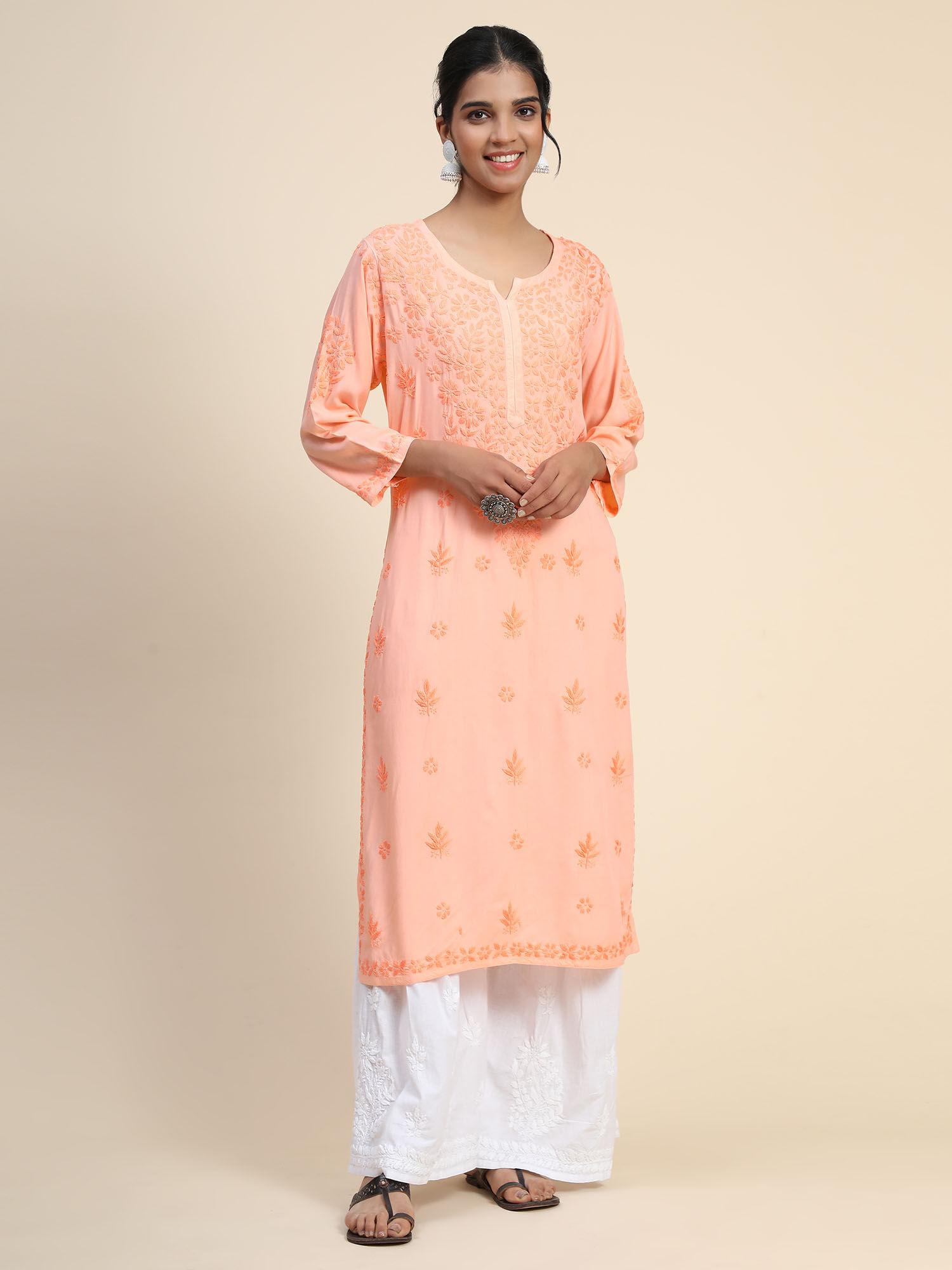 hok hand embroidery chikankari long kurta for women -peach/orange