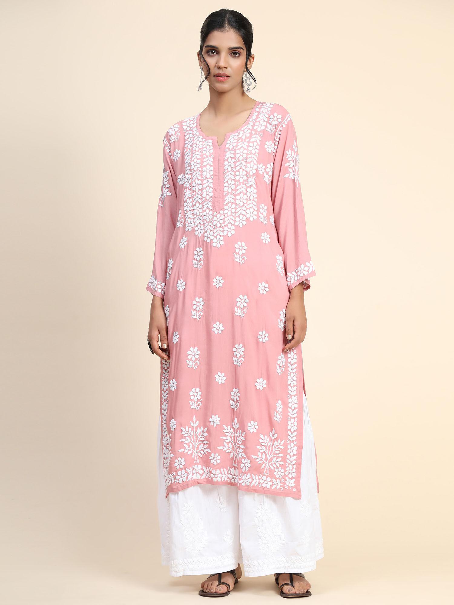 hok hand embroidery chikankari long kurta for women -pink