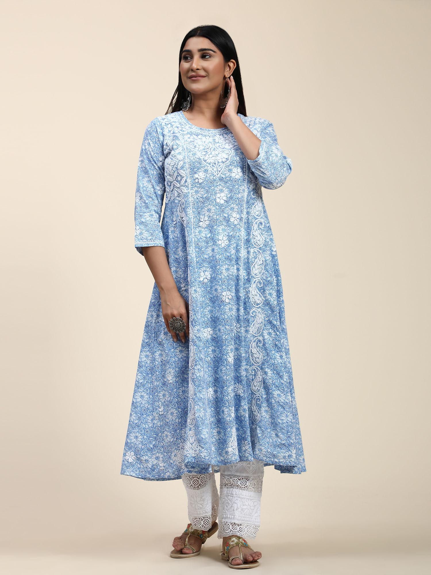 hok hand embroidery chikankari long kurta for women -printed blue