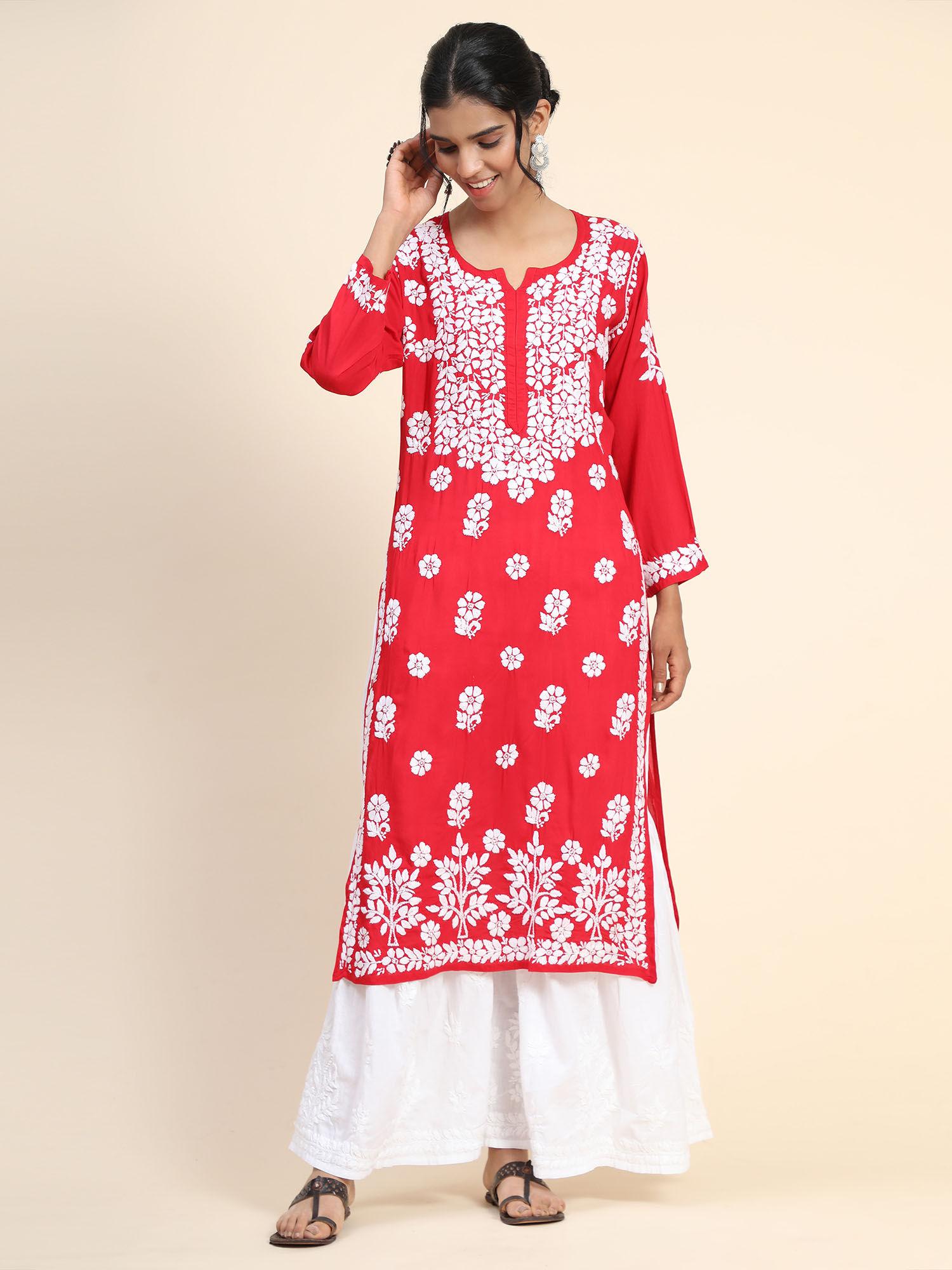 hok hand embroidery chikankari long kurta for women -red