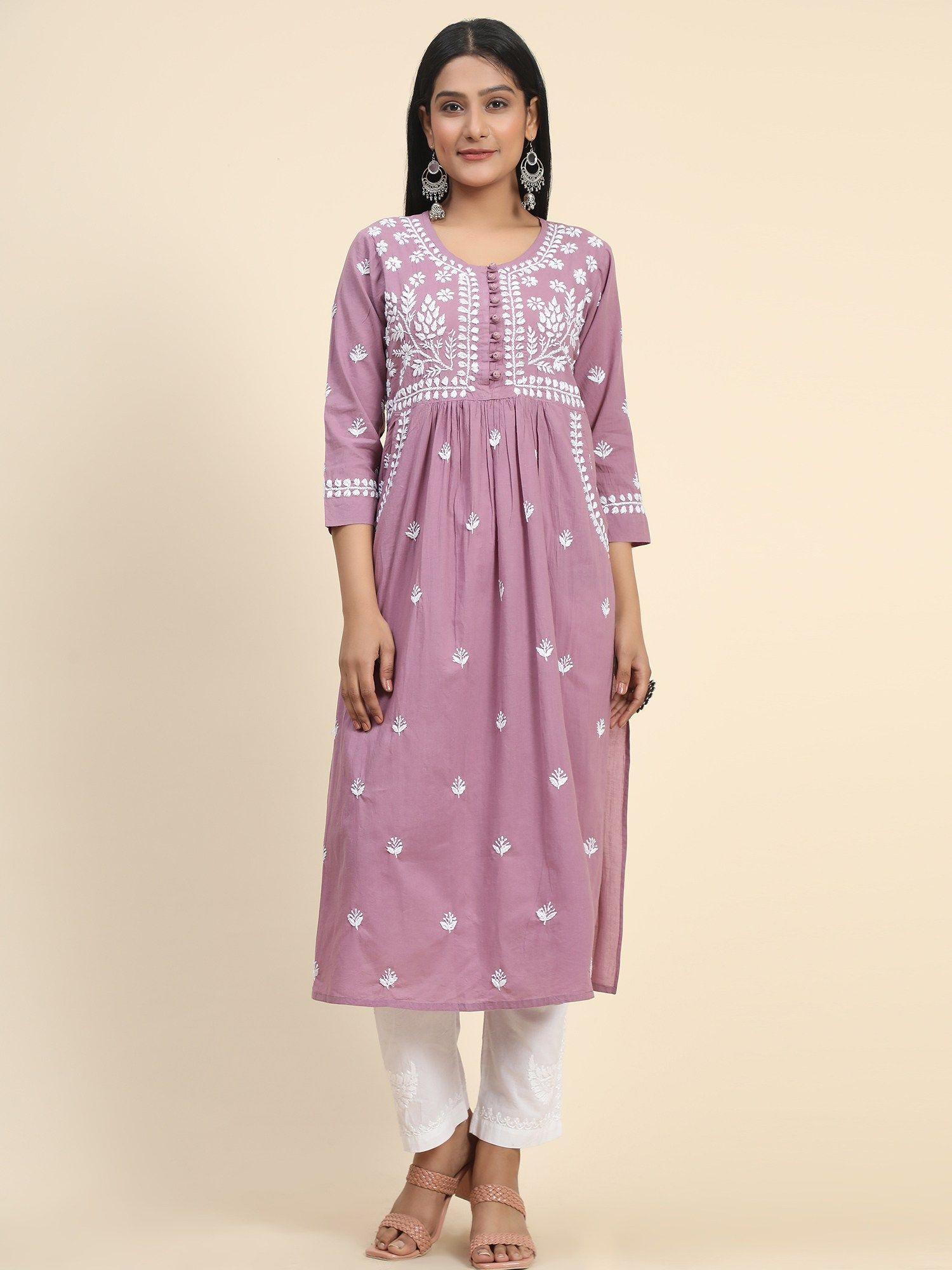 hok noor hand embroidery pocket kurta lavender