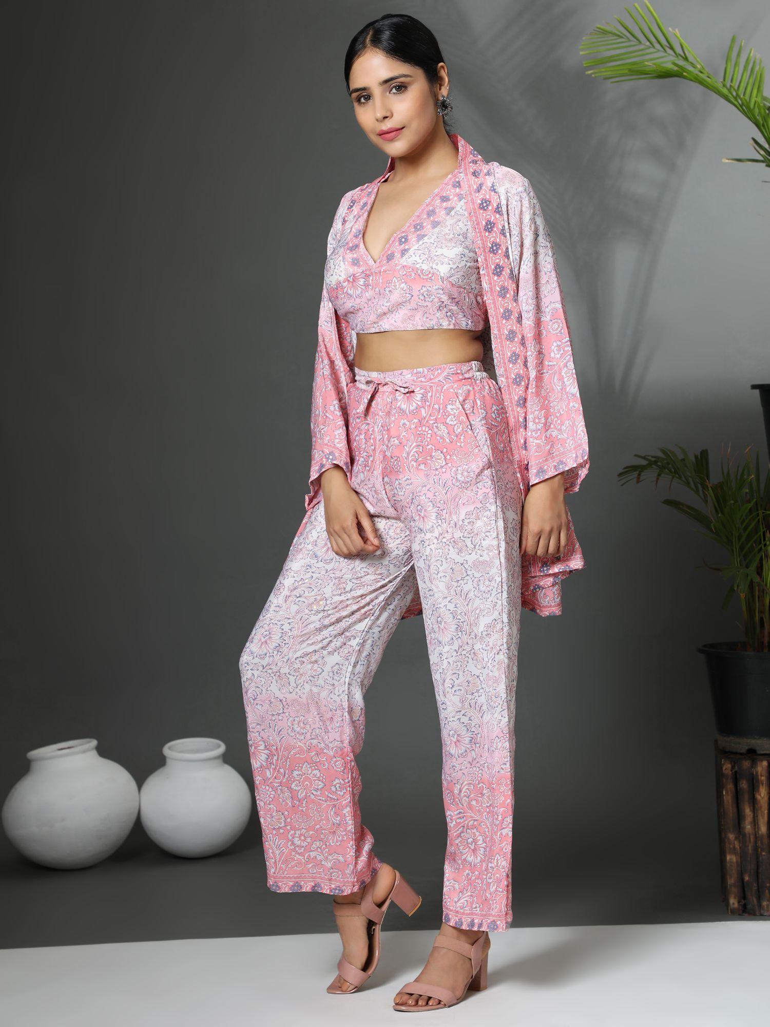 hok printed v-neck kimono trouser pink (set of 3)