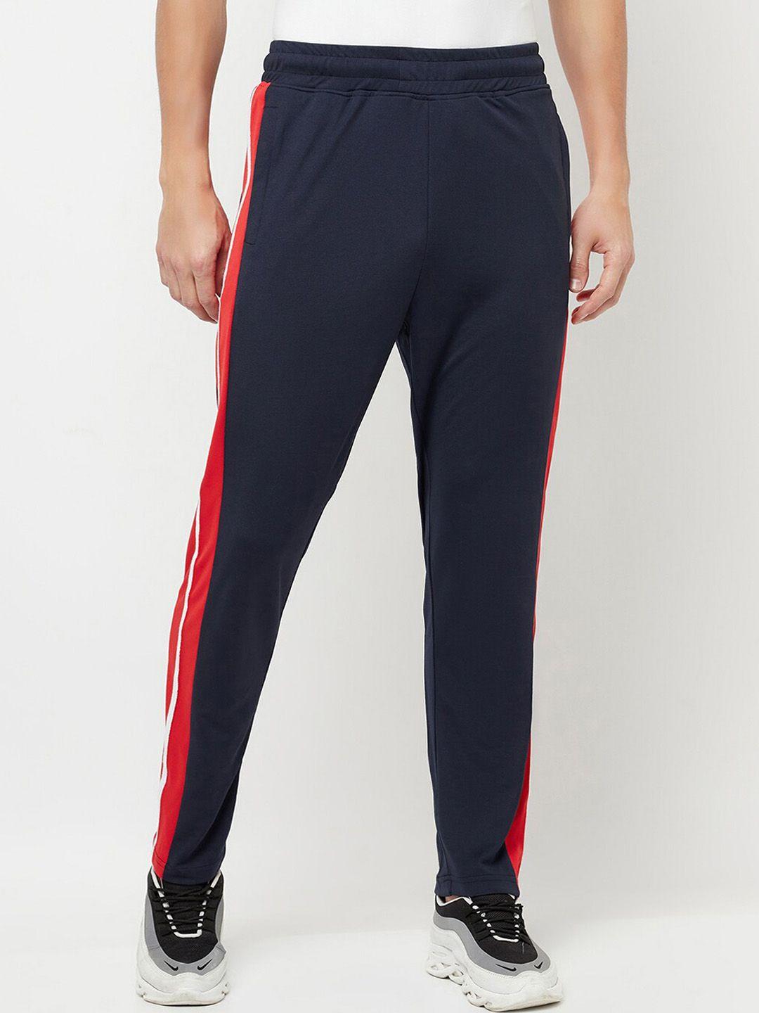 holdit men navy blue & red striped cotton blend track pants