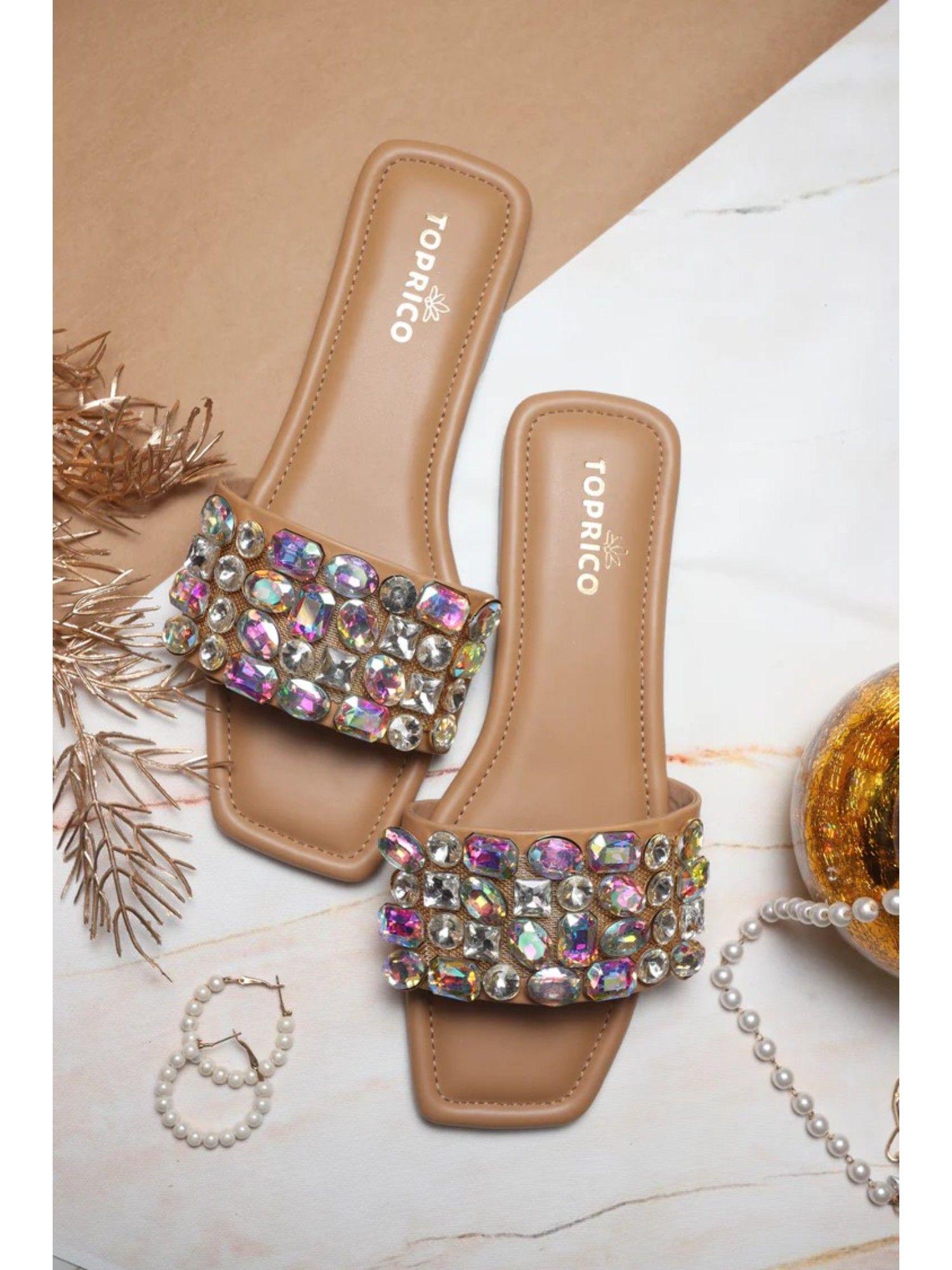 holo crystals embellished tan flat