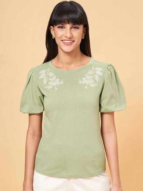 honey by pantaloons sage green cotton embroidered top