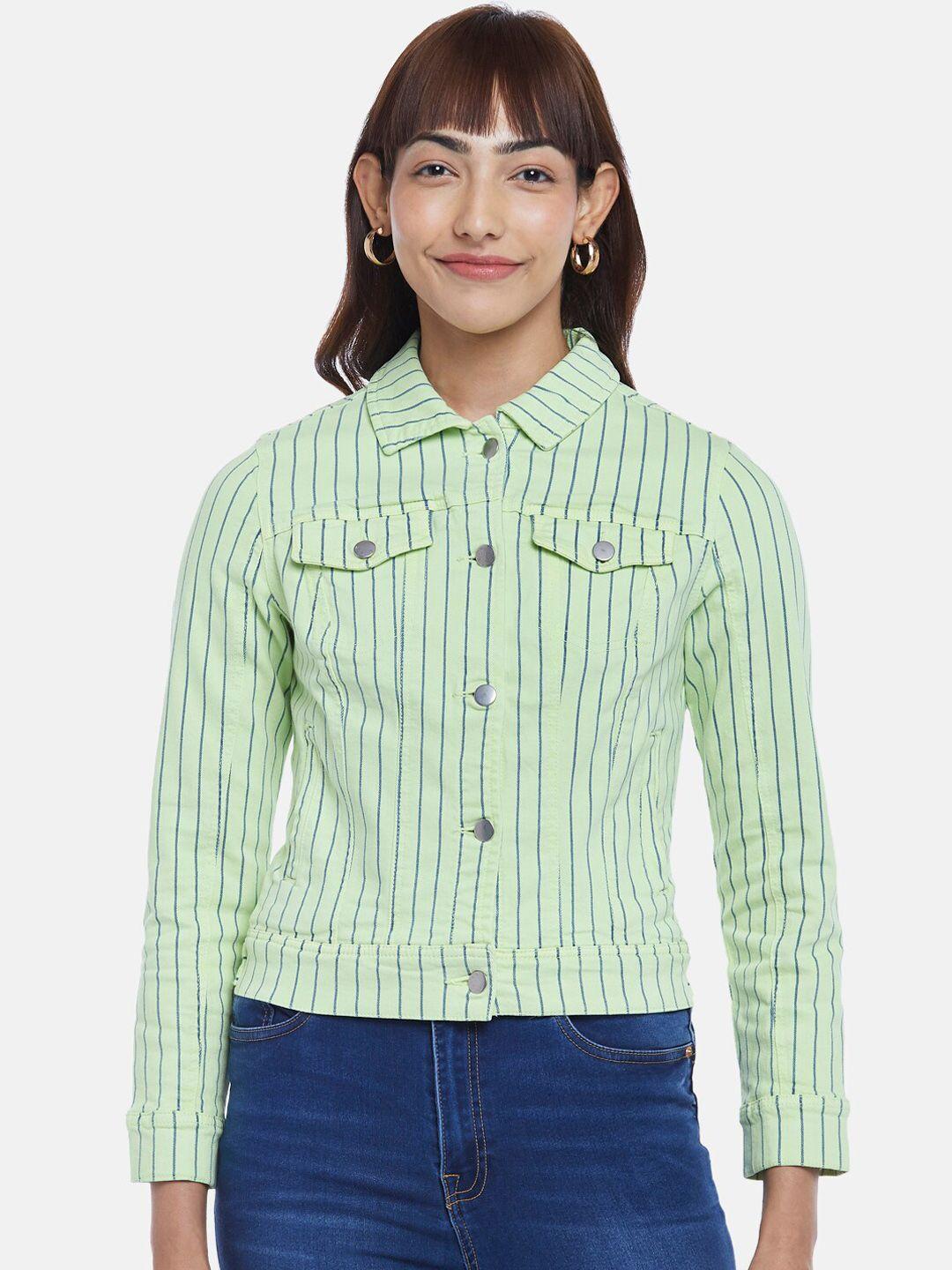 honey by pantaloons women green cotton striped denim jacket