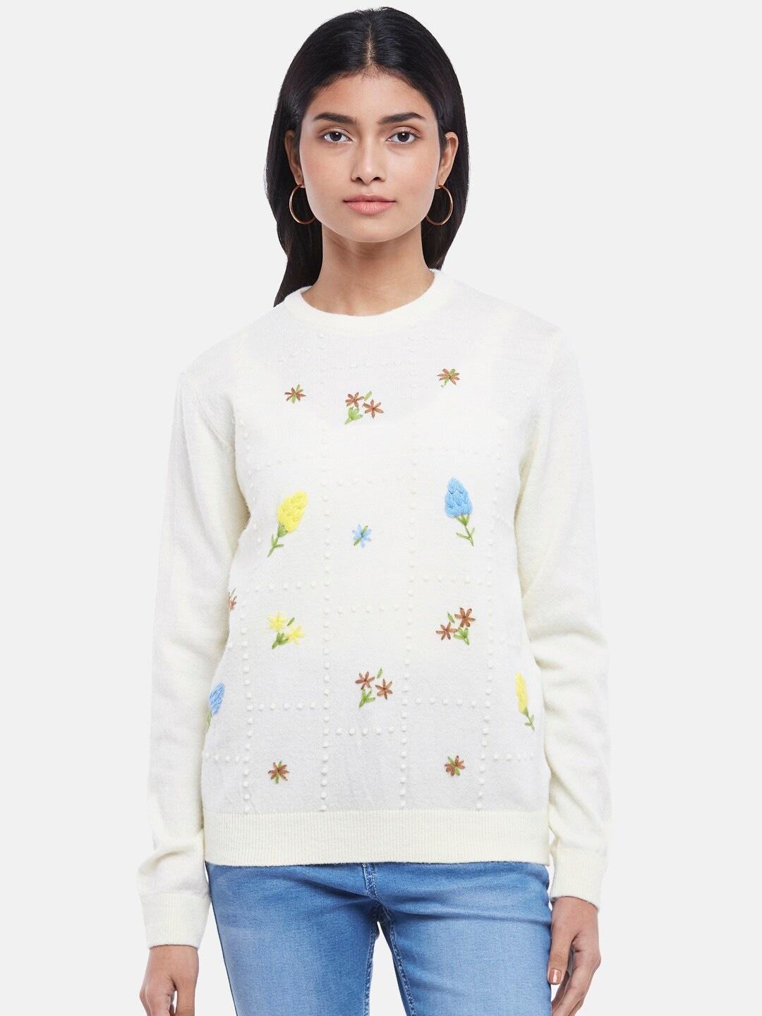 honey by pantaloons women off white & blue floral pullover with embroidered detail