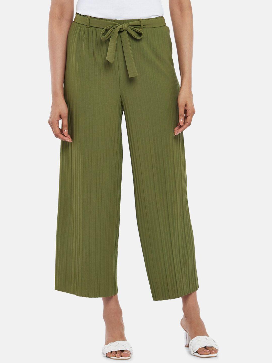 honey by pantaloons women olive green loose fit pleated trousers