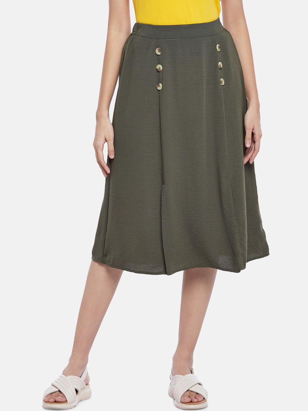 honey by pantaloons women olive-green solid a-line midi skirt