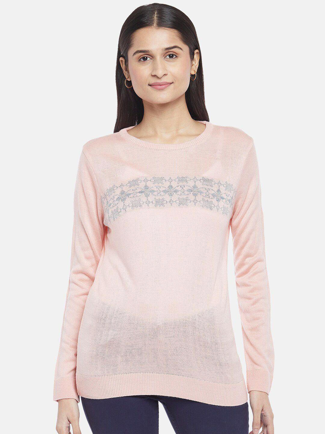 honey by pantaloons women peach-coloured & grey printed pure acrylic pullover sweater