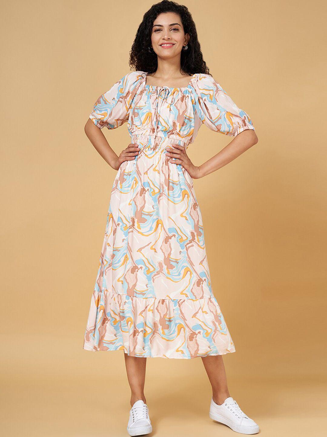 honey by pantaloons abstract printed square neck smocked a-line midi dress