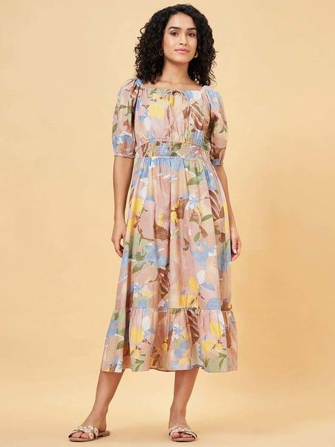 honey by pantaloons beige cotton printed a-line dress